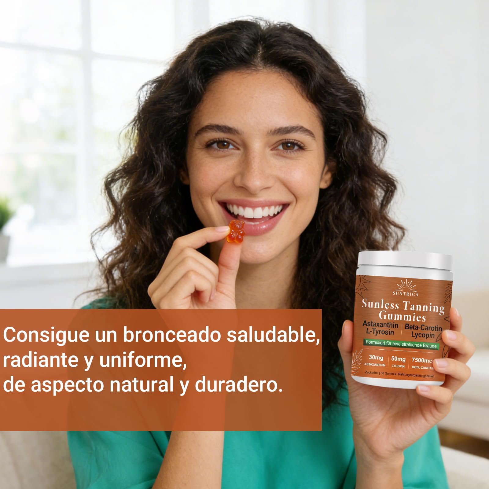 Gummies Bronceadoras Gominolas Autobronceadoras Sin Sol con Betacaroteno, Licopeno, Astaxantina y L-Tirosina - Potenciador de Bronceado - Vegano, Sin Azúcar - 60 Gummies Sabor Piña