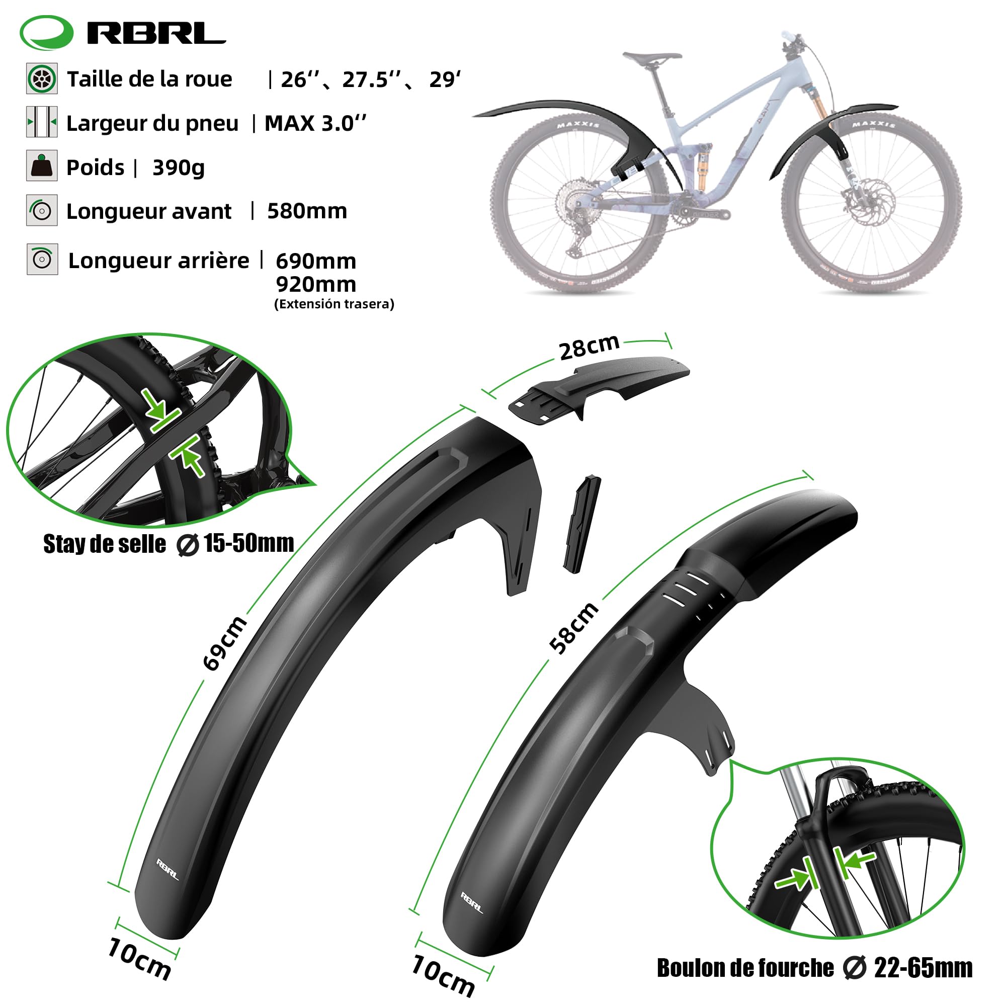 RBRL Garde-Boue VTT et Vélo Électrique, Protection Complète, Compatible Roues 27,5" / 29" Jusqu’à 3,0", Garde-Boue Anti-Projections Boue et Eau, Installation Stable sans Outil