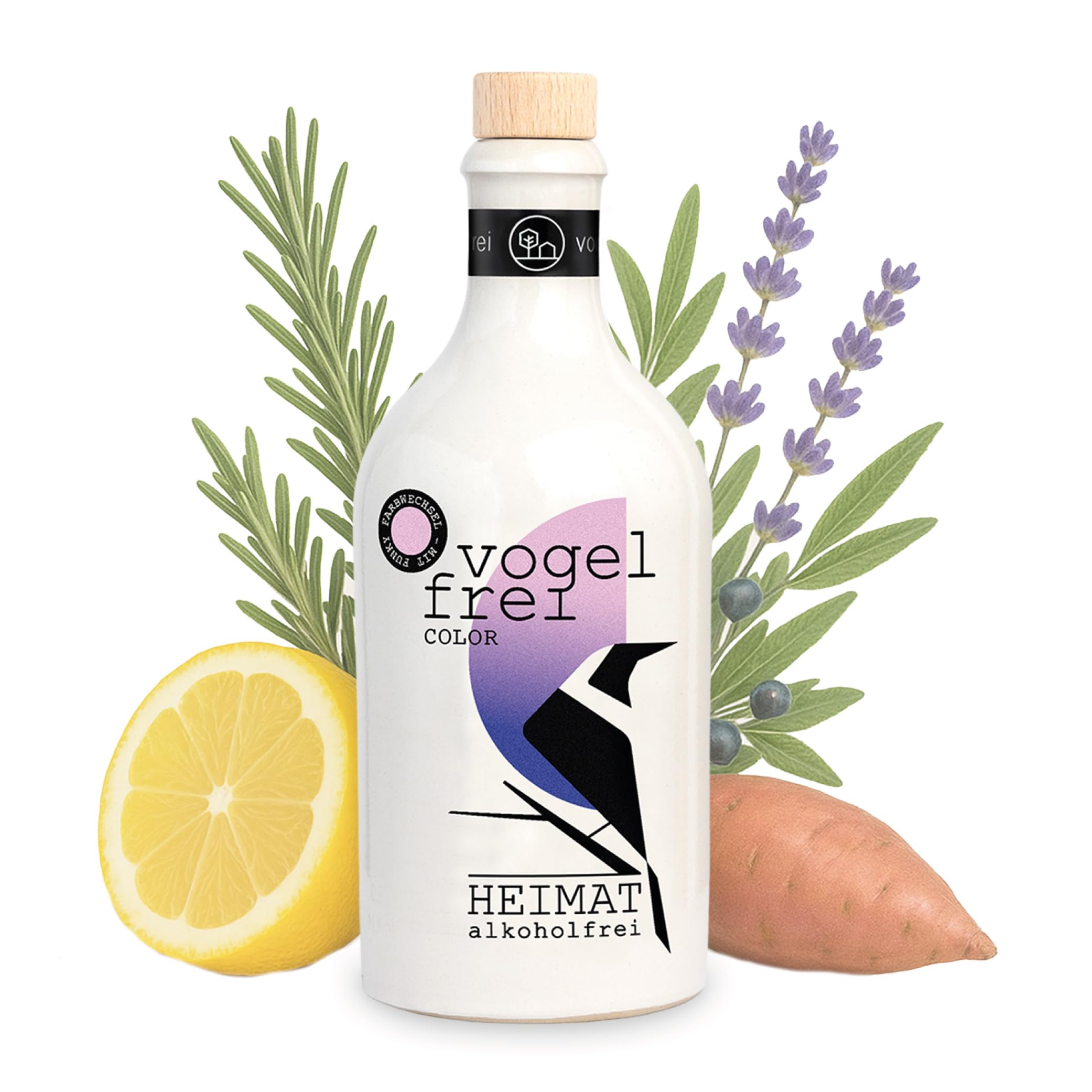 VOGELFREI COLOR Farbwechsel alkoholfreie Alternative 0,0% - Sommerliche Zitrusnote, wilde Berren aus der HEIMAT Dry Gin Destille mit Wacholder destilliert für alkoholfreie Cocktails (500ml)