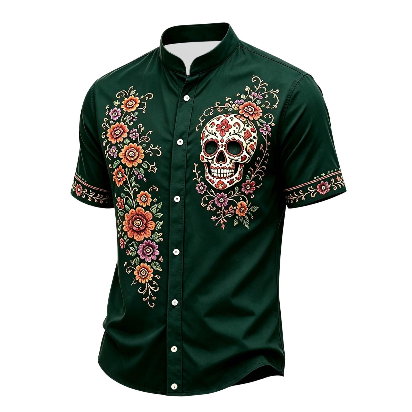 Halloween Shirt Men,Skull Shirt Mens Short-Sleeve Day of The Dead Floral Skull Goth Casual with Button-Down Fit Spooky Party Wear Funny Graphic Vintage Style Casual Outfits — image 1