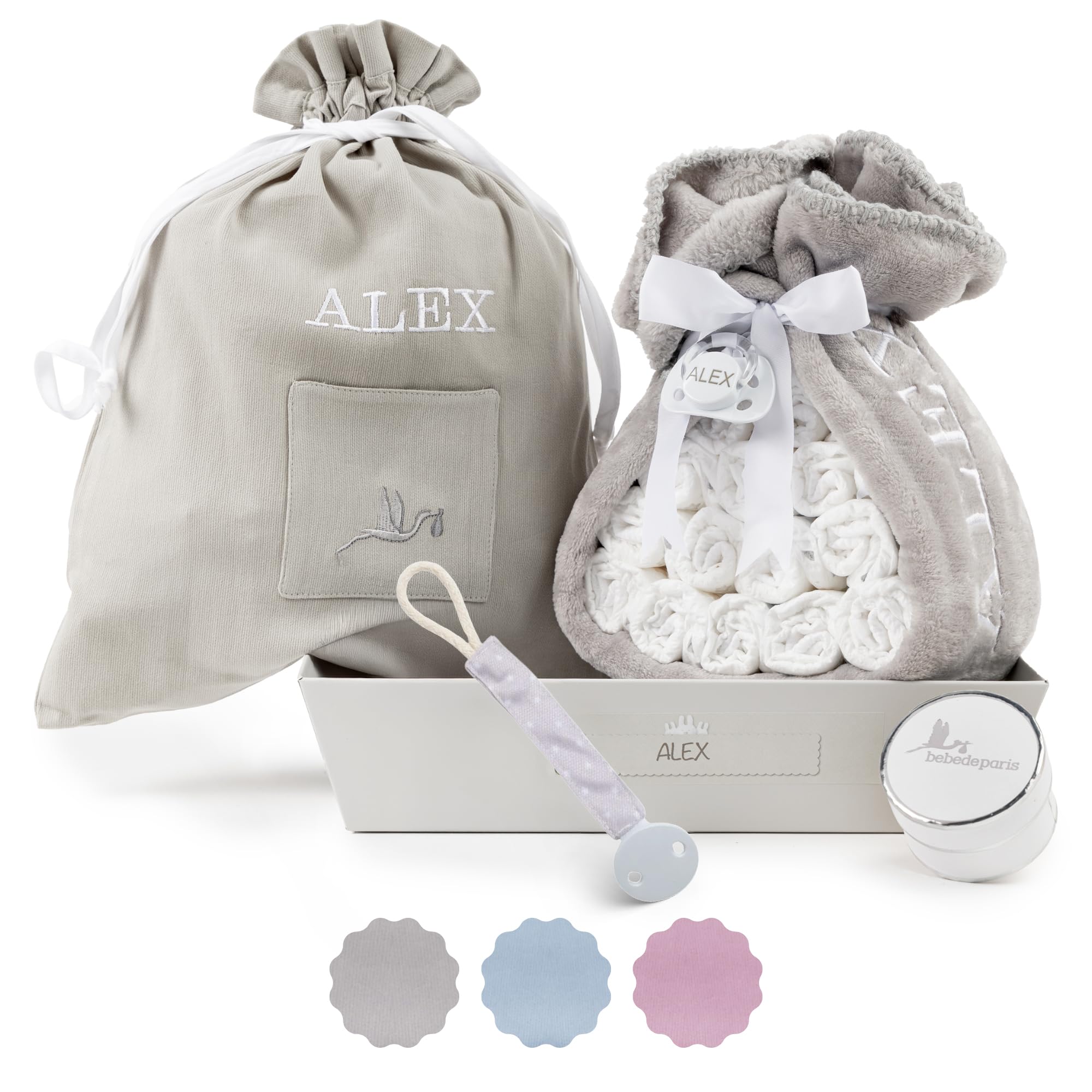 Tarta de Pañales para Recién Nacida con Manta Bordada + 15 Pañales Talla 2 + Chupete Personalizado Neutro | BebeDeParis