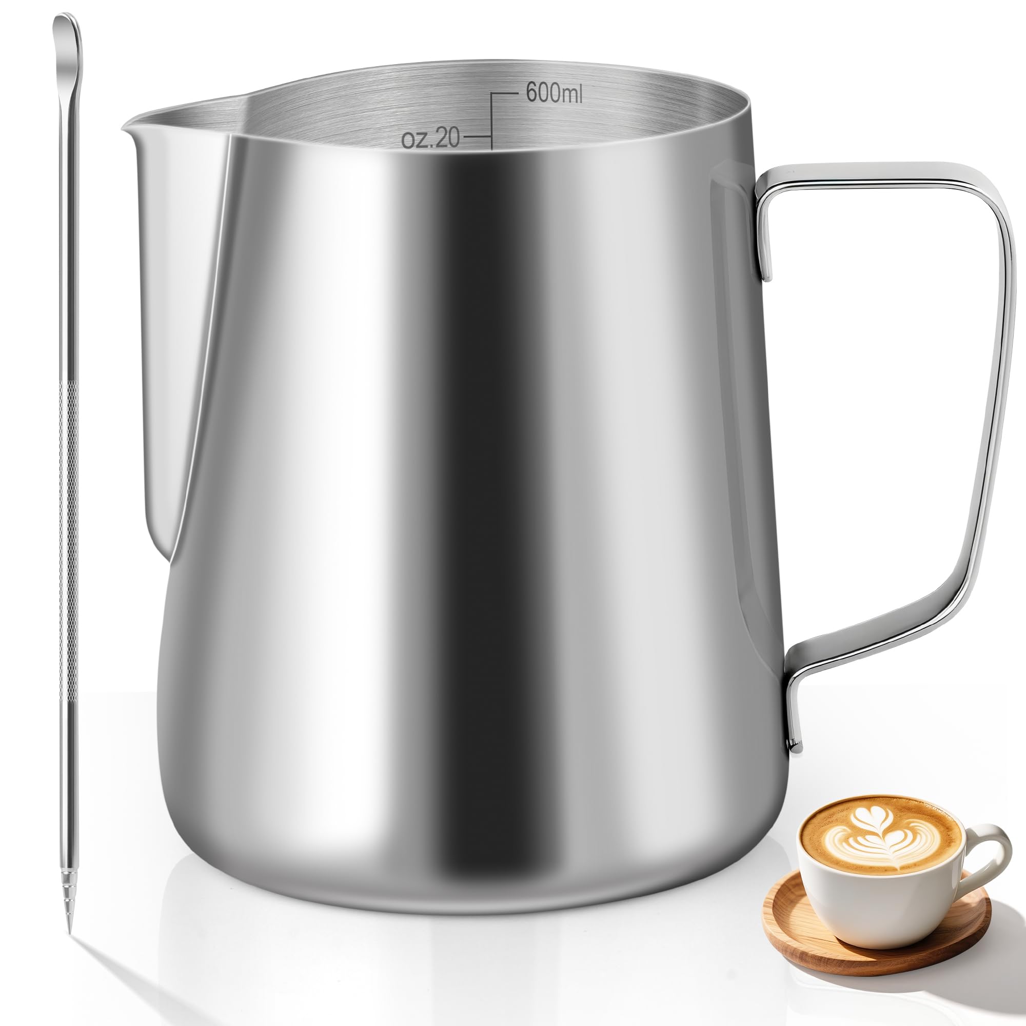 Milchkännchen, 600ml Milchkännchen Edelstahl mit Messung Mark, Milchkanne für Cappuccino, Espresso, Latte Art, Kaffeeliebhabe, 20 FL.oz