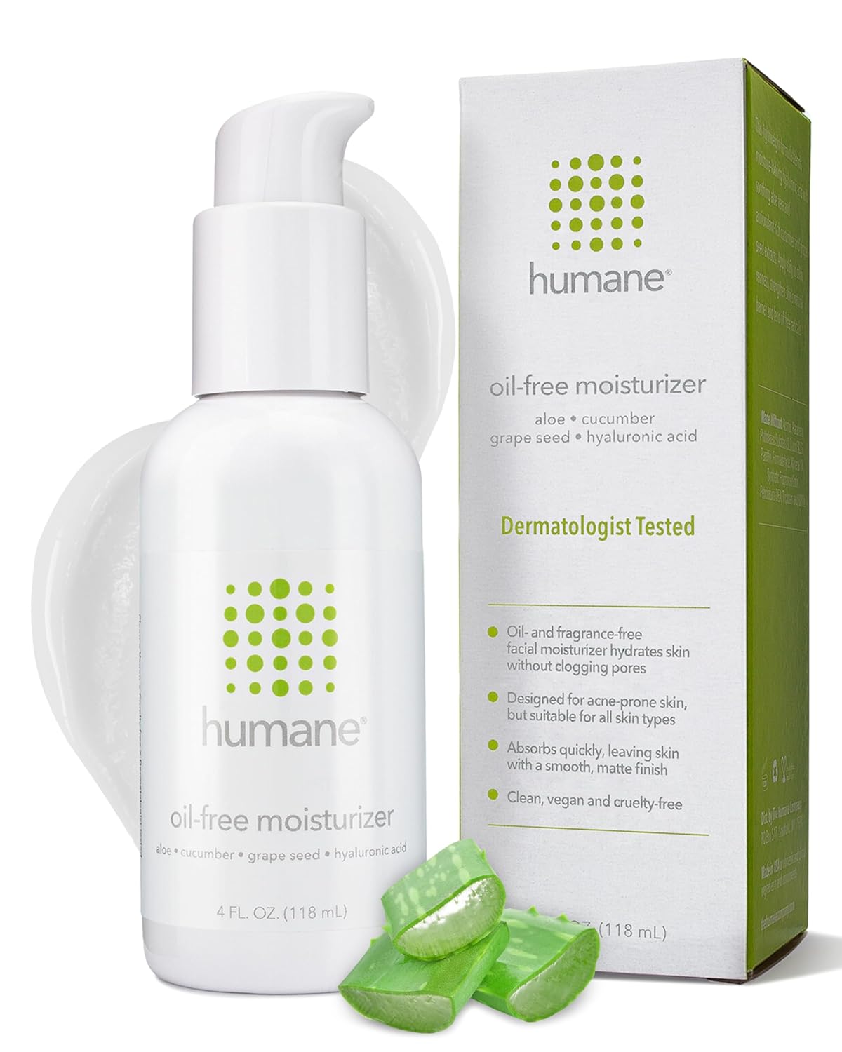 humane Oil-Free Daily Lightweight Face Moisturizer for Acne-Prone Skin – 4 Fl Oz – Gentle for All Skin Types – With Soothing Antioxidants Like Aloe Vera, Hyaluronic Acid, Cucumber and Grapeseed