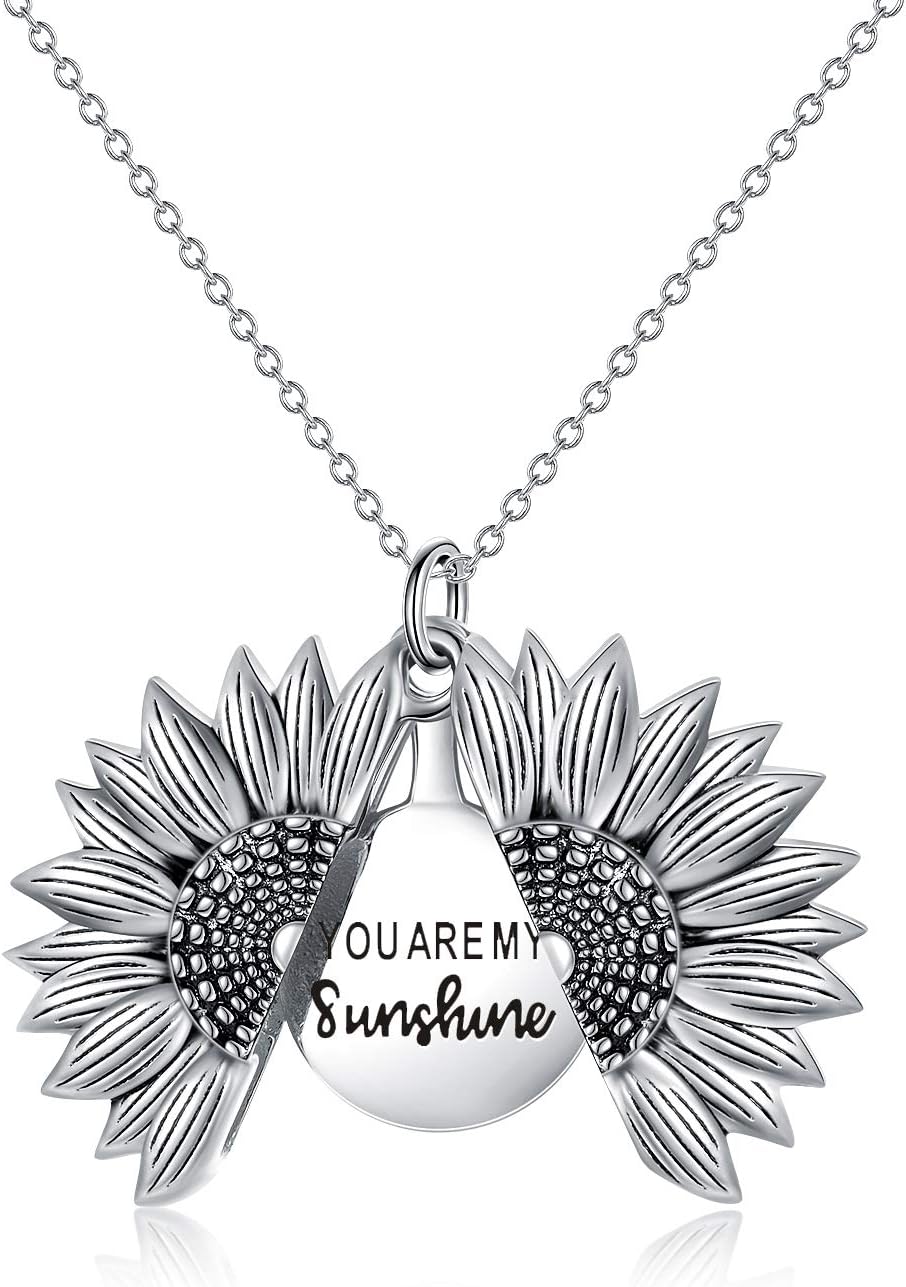 Sterling Silver Sunflower Locket Necklace You Are My Sunshine Engraved Pendant Necklaces Anniversary Jewelry for Her