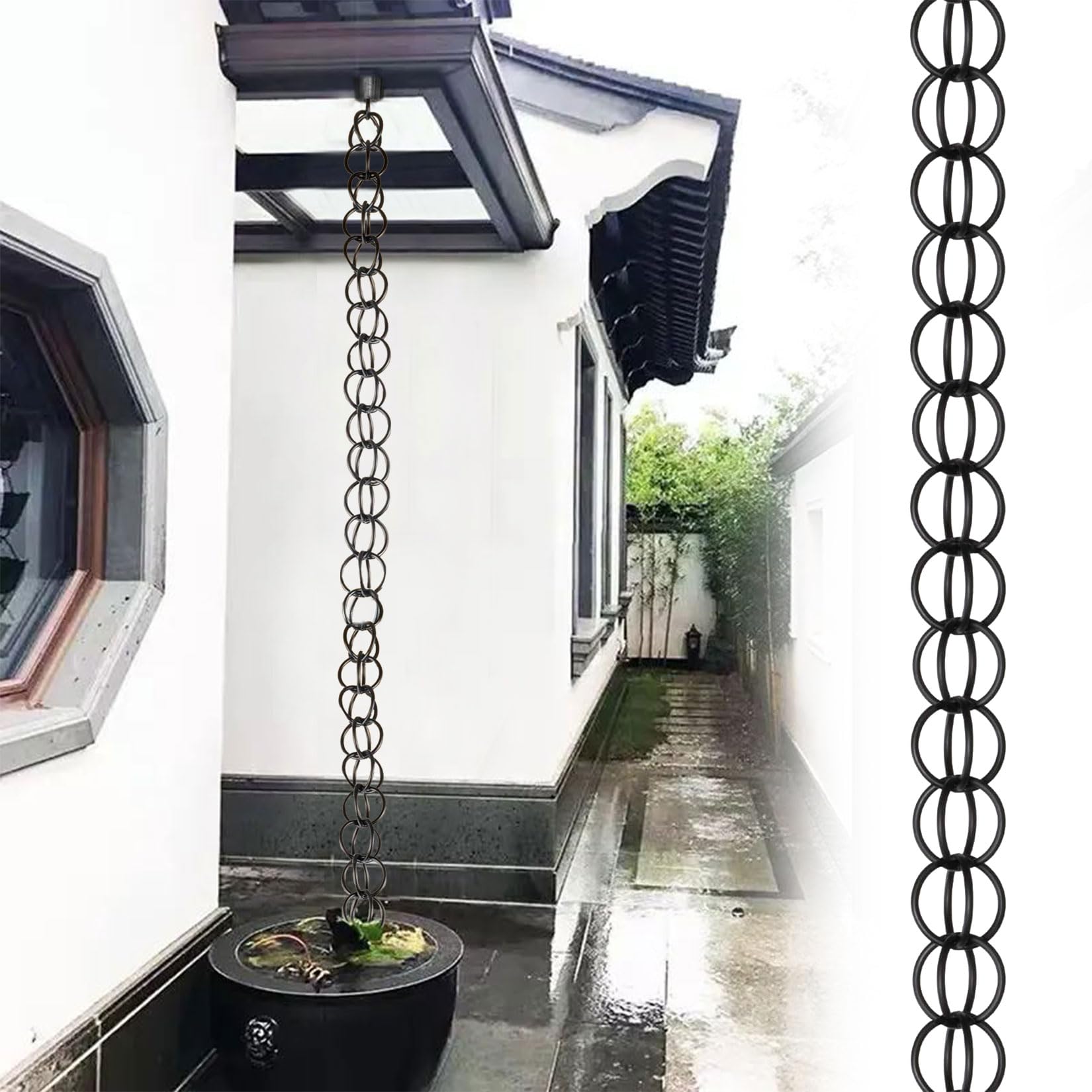 WEKONUMEX Rain Chains for Gutters, Black Rings Rain Chain Ornament Water Collector For Gutter Downspout Replacement 1-5m(3.5m(11.5ft))