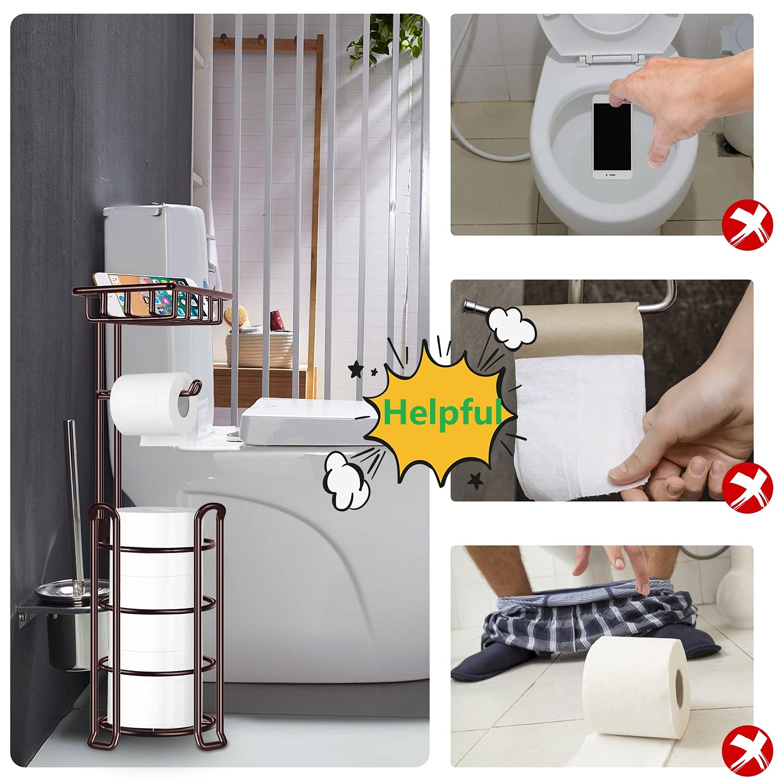 TomCare Toilet Paper Holder Toilet Paper Stand with Shelf Free Standing
