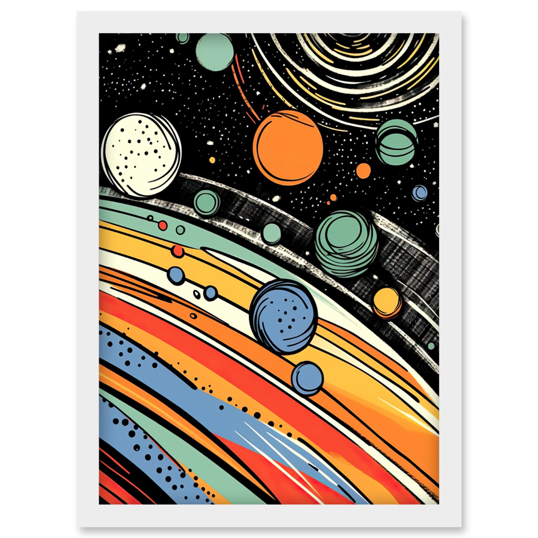 Artery8 Outer Space Comic Book Style Pastel Colour Milky Way Planets Rings Moons Sun Boys Room Artwork Framed Wall Art Print A4