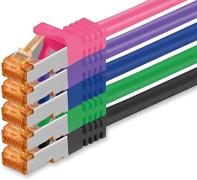 1aTTack.de Cat.7 ethernet cable 0,5m - 5 Colors Set 02-5 pieces - Cat7 lan network 10GBASE-T - 10000 Mbps (Sftp Pimf) double shielded patchcable RJ45 plug Cat.6a