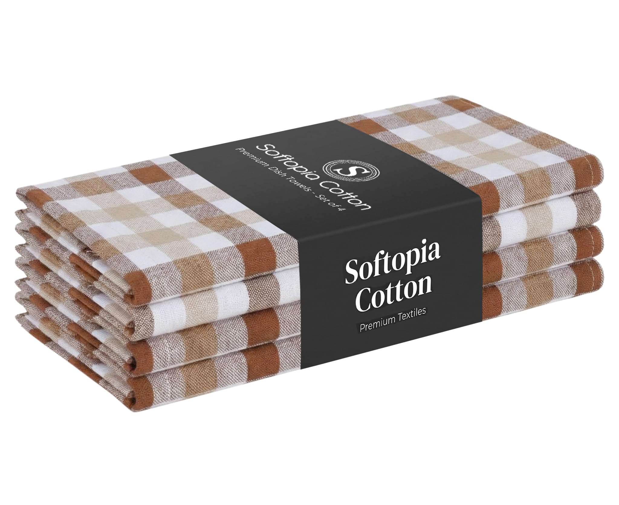 Checked Dish Towels 4 Pack, 18x26 Inches, Quick Dry Towels for Kitchen, Durable, Reusable, Absorbent Wash Cloths Set, Washable Fabric, Heavy Duty for Daily Use - Brown, Beige, White