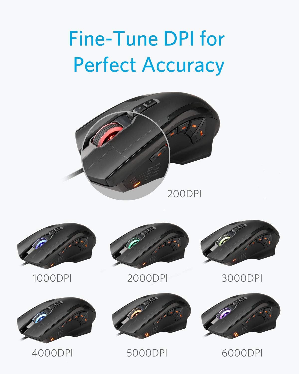 Anker High Precision Programmable Gaming Mouse with 6000 DPI, 1000 Hz Polling Rate, 10 Programmable Buttons, Ergonomic USB Computer Mouse, RGB Gamer Desktop Laptop PC Gaming Mouse