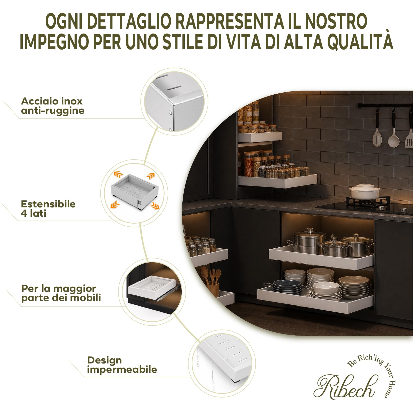 Cestello estraibile telescopico 4 direzioni per armadio cucina | Organizador de Armario con Tornillos/Adesivo, Larghezza regolabile 29-48 cm, Profondità 41,5-55 cm, Bianco