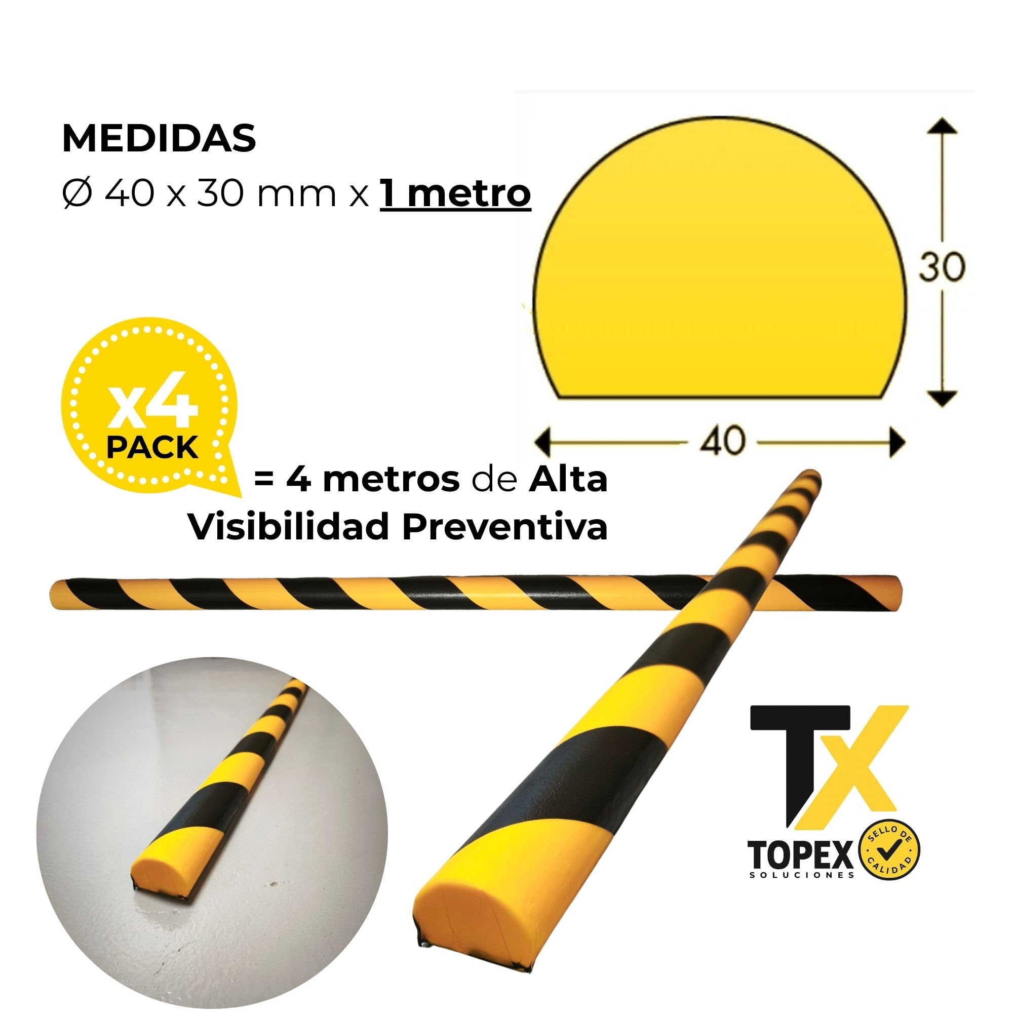 Protector Bordes Curvos Tipo C – Paragolpes Espuma Amarillo Negro – Protección Estructuras Industrial – 1 m Ø40 mm – Pack 4
