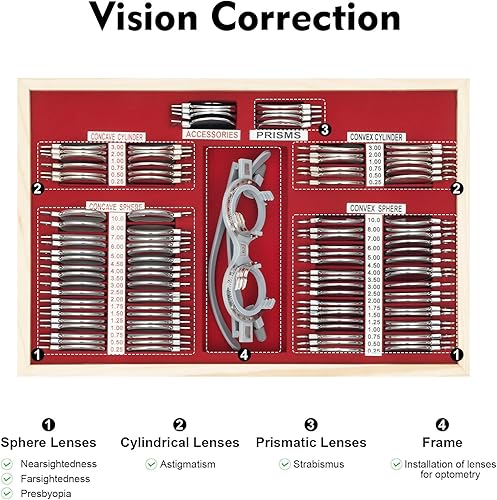 Miniatura 3 de Juego de 104 lentes ópticas de prueba, marco de prueba de optometría de borde de metal con funda, kit de optometría de lente óptica precisa para