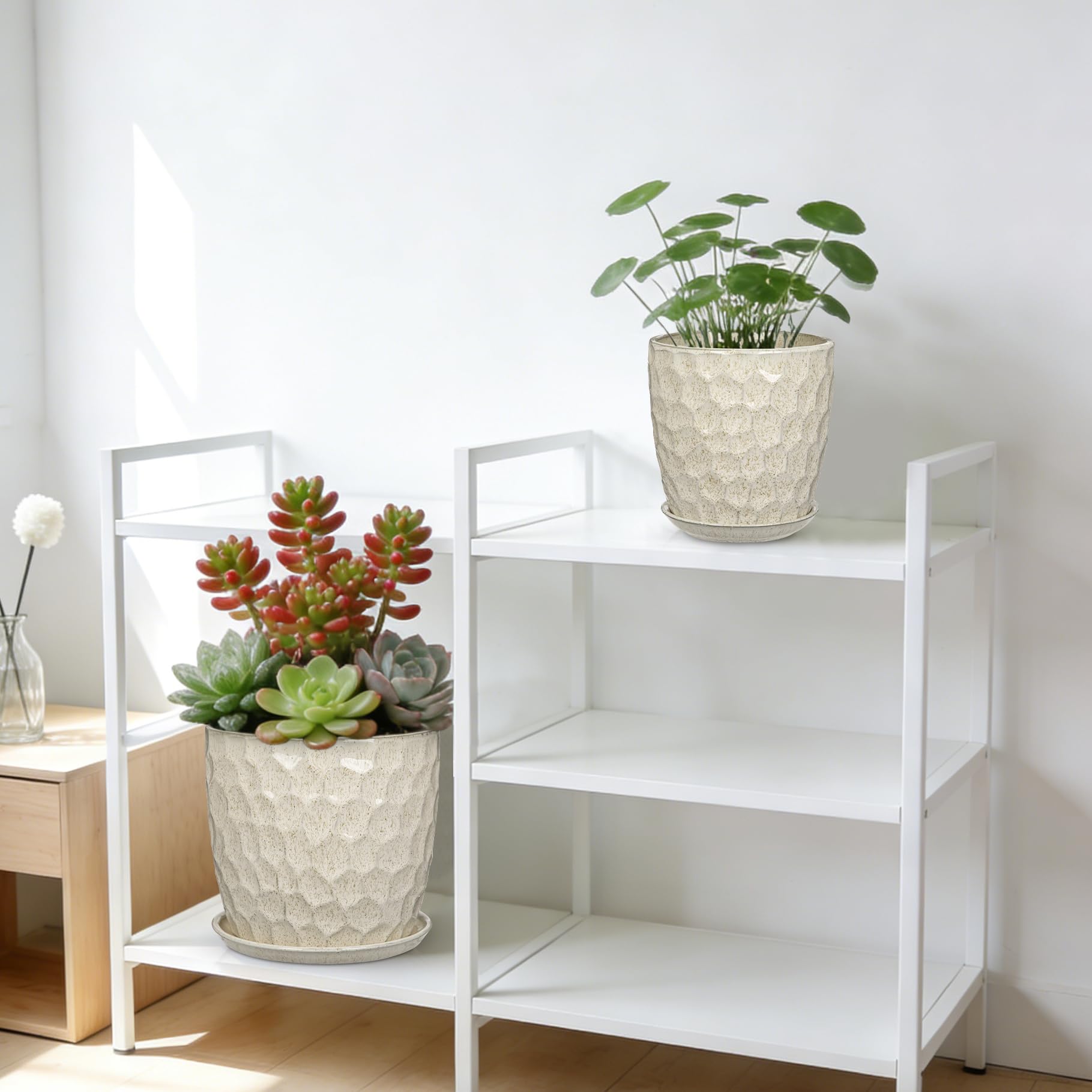 Zestaw doniczek o średnicy 15 + 19 cm, ceramiczna doniczka z podstawką i otworami drenażowymi, kremowo-biała, do użytku wewnątrz i na zewnątrz, doniczka na rośliny, nowoczesna, klasyczna