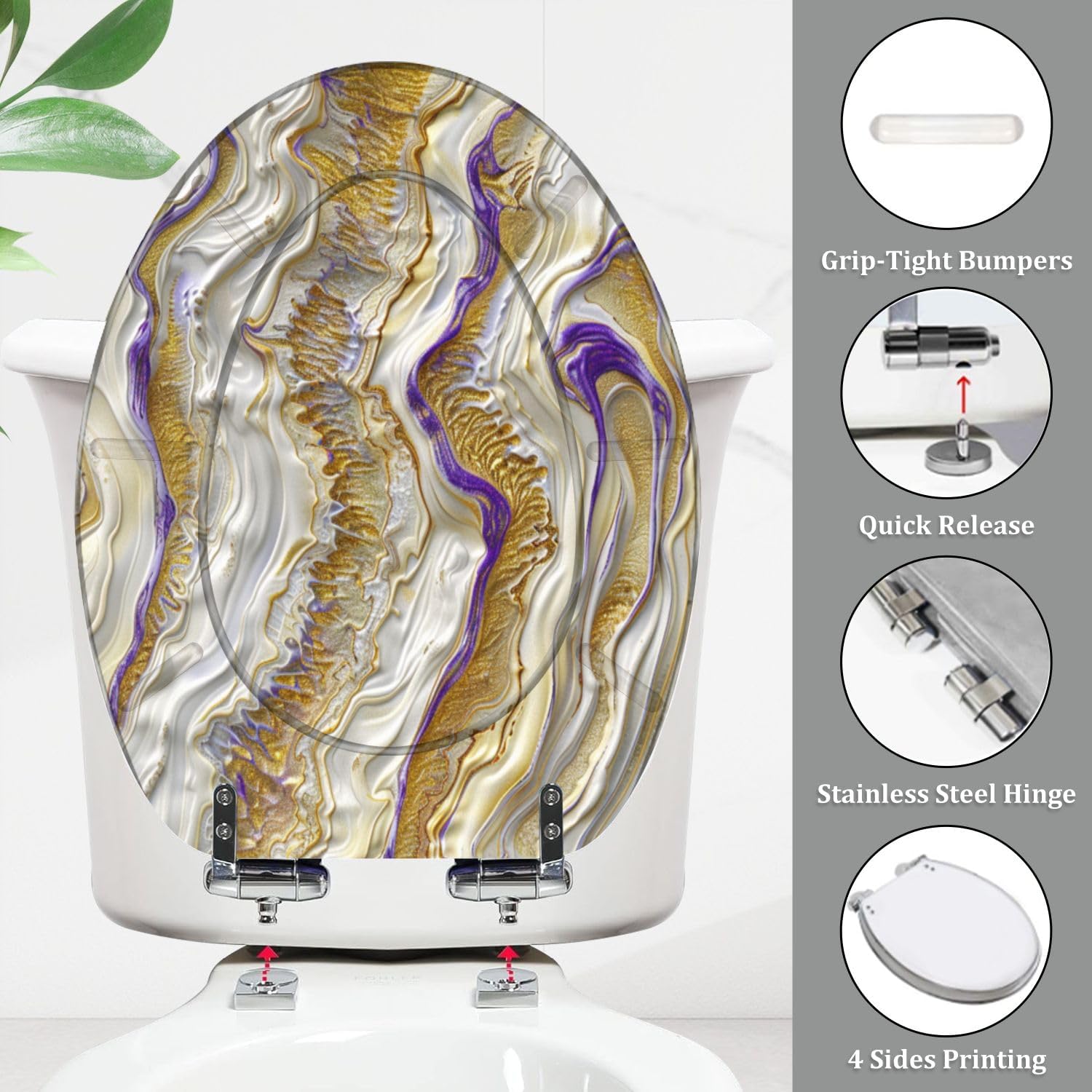 Elongated Toilet Seat White Marble Surface Gold Purple Veins Illustration Resin Toilet Seat Quietly Close Quick Release Hinges Decorative Toilet Seat with Cover Easy to Install
