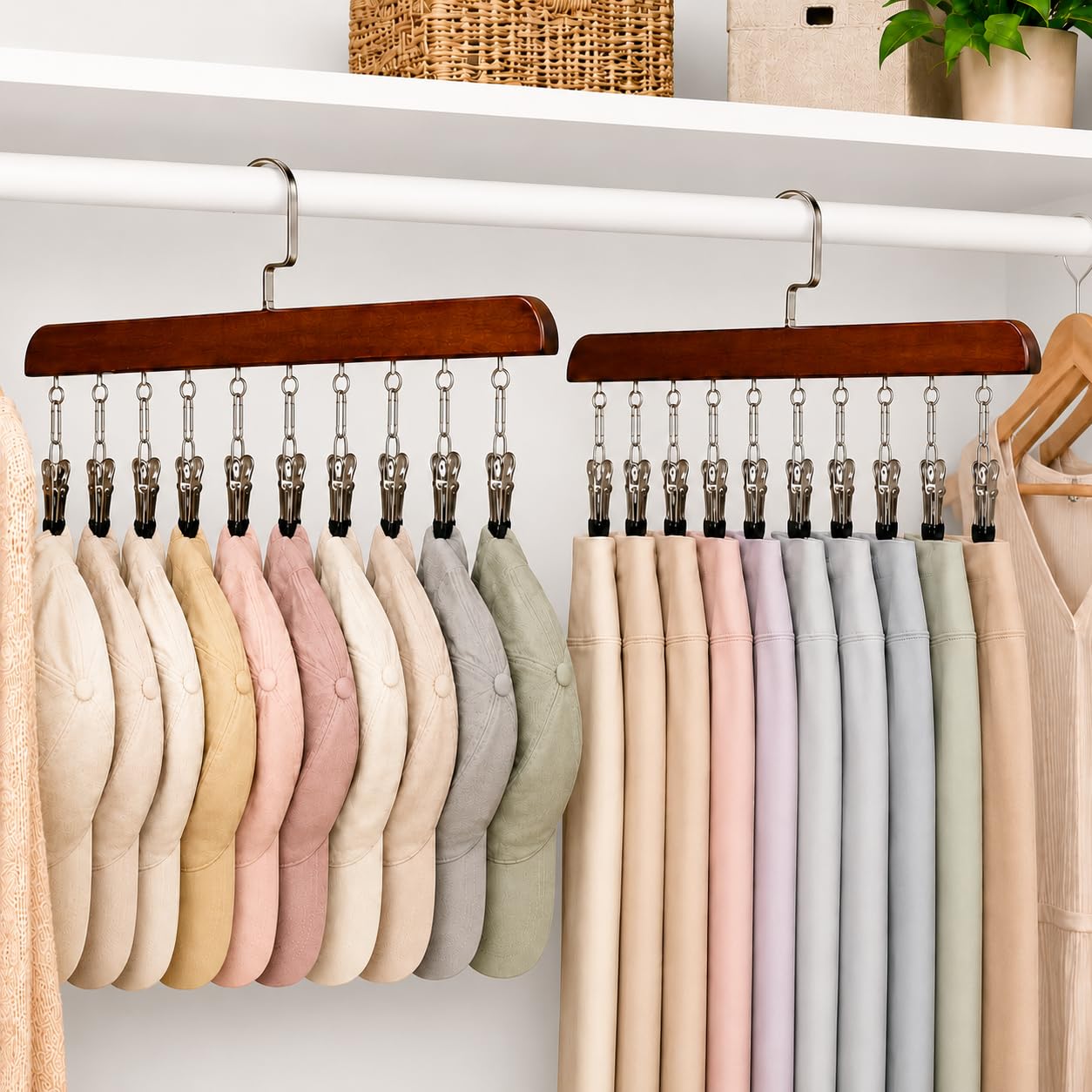 Kovenora 2PCS Wooden Trouser Hanger with 10 Clips - 360° Swivel Space-Saving Closet Organizer for Trousers, Leggings, Yoga Pants, Hats, Caps, Underwear, Ties, Bags