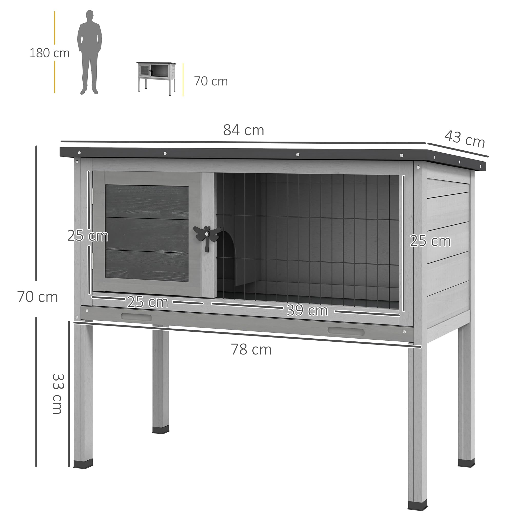 PawHut Conigliera Rialzata in Legno da Esterni con Tetto Apribile, Gabbia per Conigli con Vassoio Estraibile, 84x43x70cm