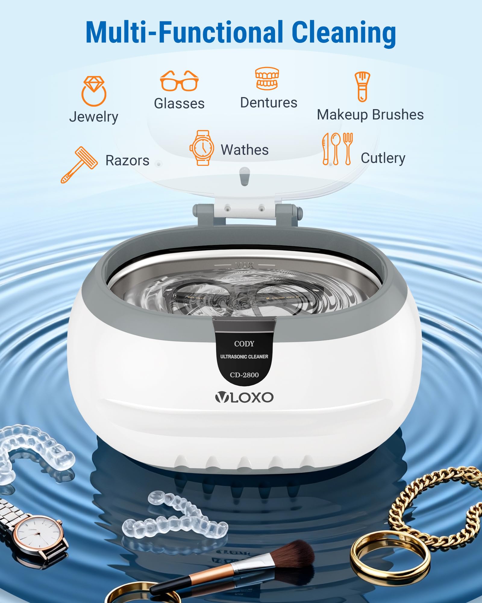 VLOXO Nettoyeur Ultrasons 50W, 42KHz Ultrasonic Cleaner Professionnel, 600ML Bac Ultrason avec Support et Panier pour Bijoux, Lunettes, Montres, Prothèses Dentaires, Tête de Rasoir