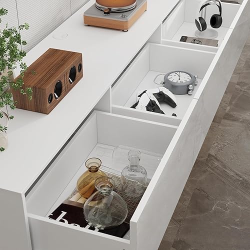 Miniatura 7 de Soporte flotante de TV de 63 pulgadas, consola de TV de alto brillo con luces LED, mesa consola de TV de montaje en pared con 3 cajones de alto