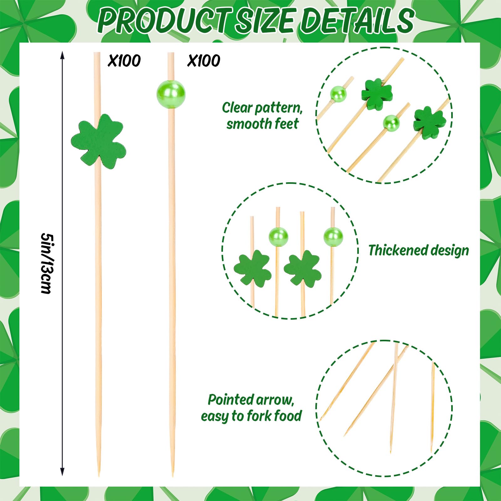 FYSUIMU 200Pcs St. Patrick's Day Cocktail Picks Green Shamrock and Bead Handmade Toothpicks Decorative Garnish Sticks for Irish Holiday Birthday Party Decor