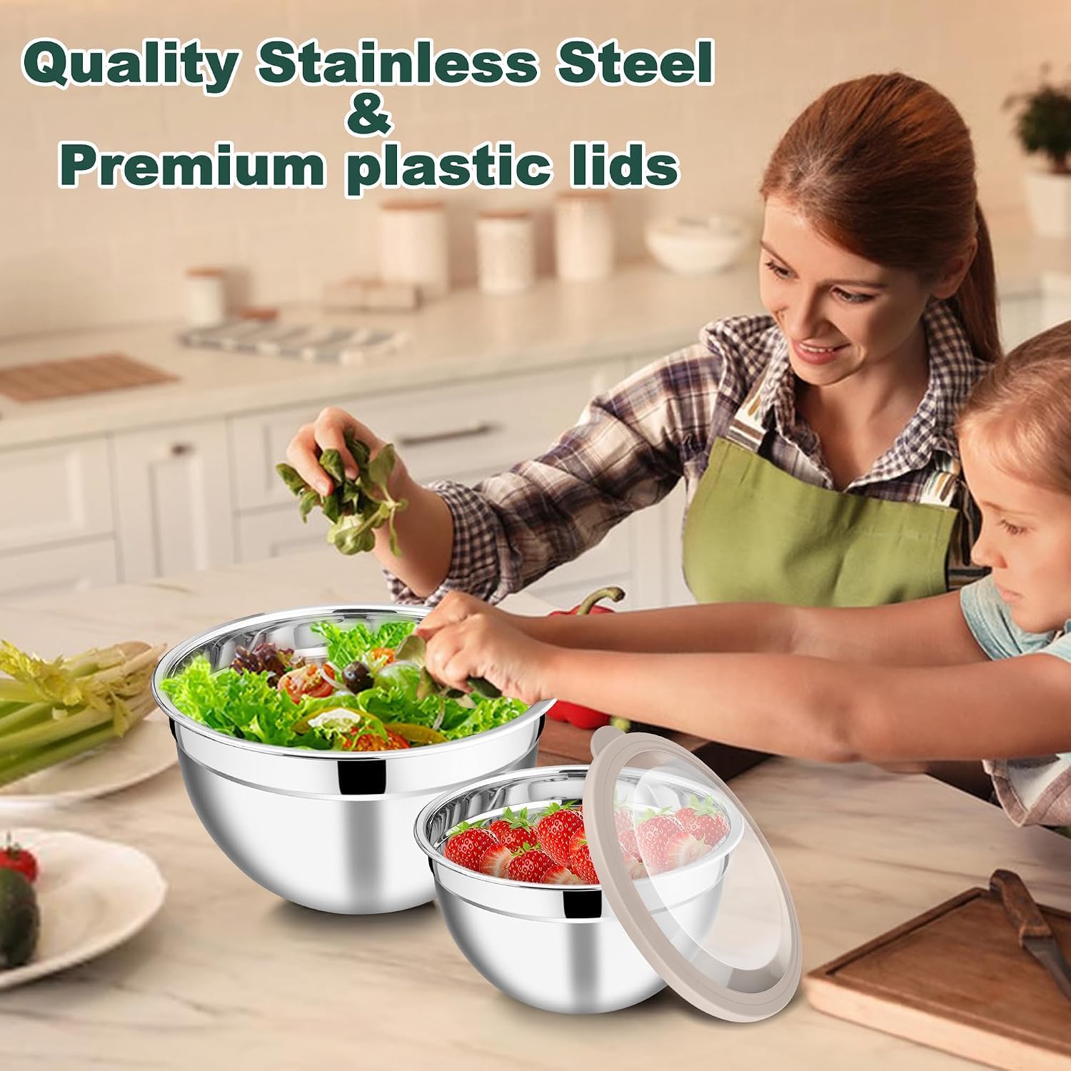 Joyfair Cuencos para mezclar, 5 cuencos de ensalada anidables de acero inoxidable con tapas transparentes herméticas, juego de cuencos de metal ideal para cocina, mezclar, hornear, servir, almacenar y