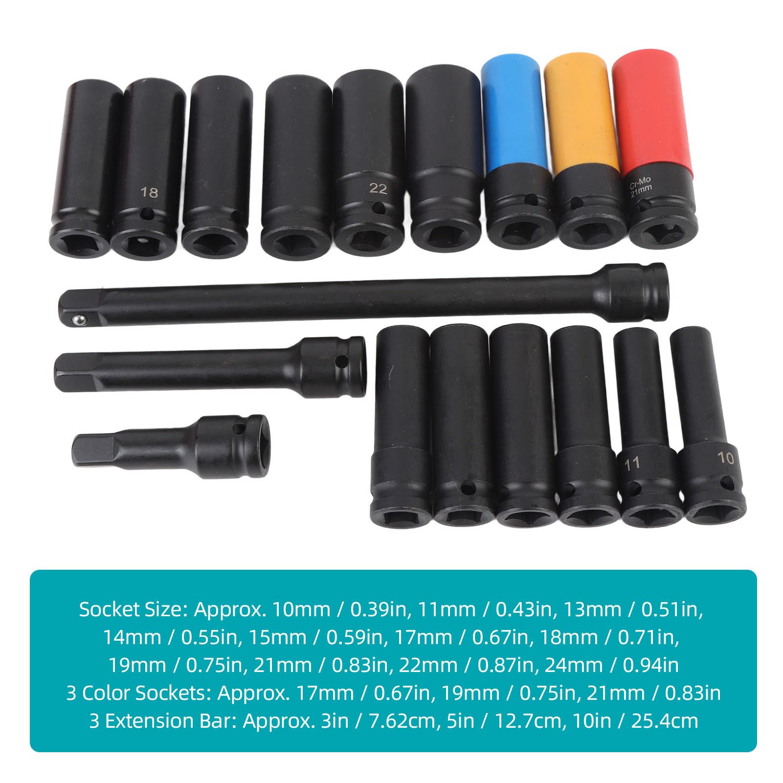 Sorandy 18-częściowy Zestaw Nasadek Udarowych z Napędem Głębokim 1/2 Cala, od 10 Mm do 24 Mm z Przedłużaczami 3 Cale 5 Cali 10 Cali, Metryczne, 6-kątne, Konserwacja Pojazdów, Produkcja Maszyn