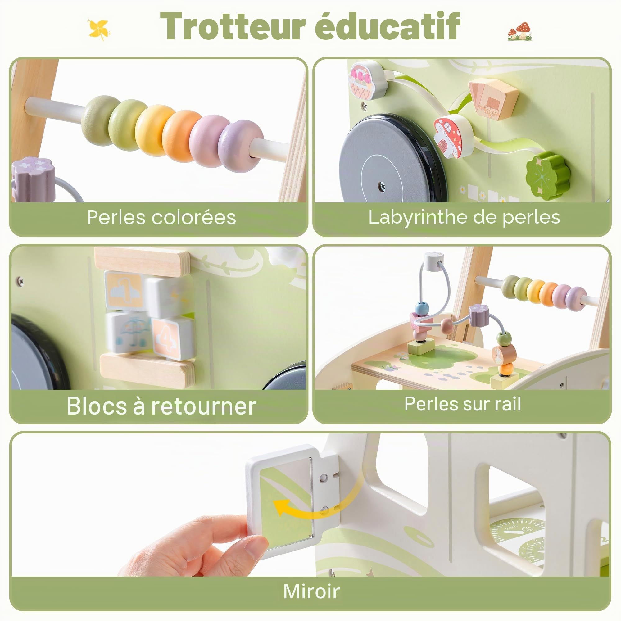 ROBOTIME Poussette d'apprentissage en bois multifonctionnelle avec réglage de la hauteur et contrôle de la vitesse, cadeau pour les tout-petits de 10 à 36 mois (animaux de la jungle vert)