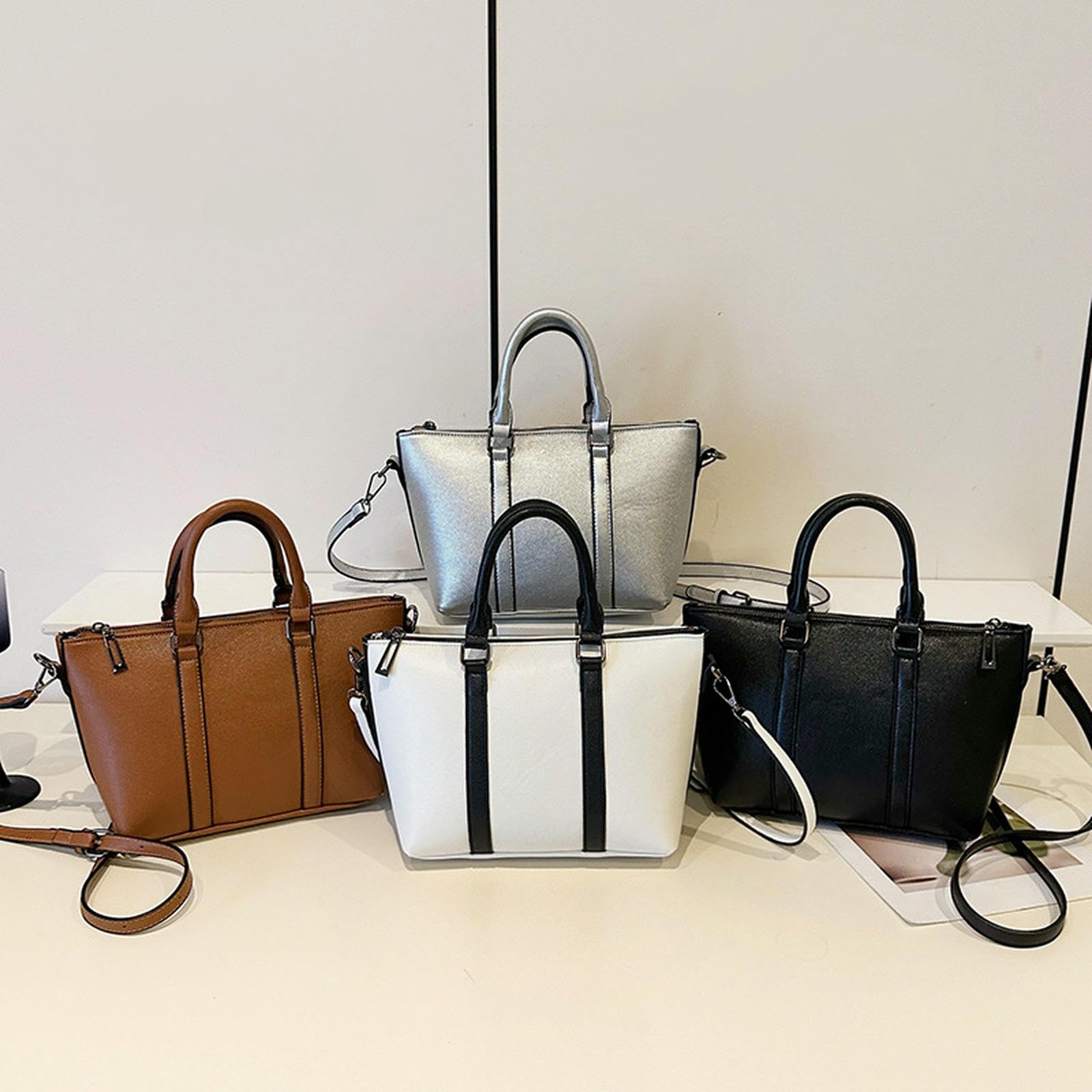 Borsa Donna A Mano Semplice E Casual alla Moda Tracolla Strutturata da sotto Le Ascelle in Colore Contrasto-Bianco