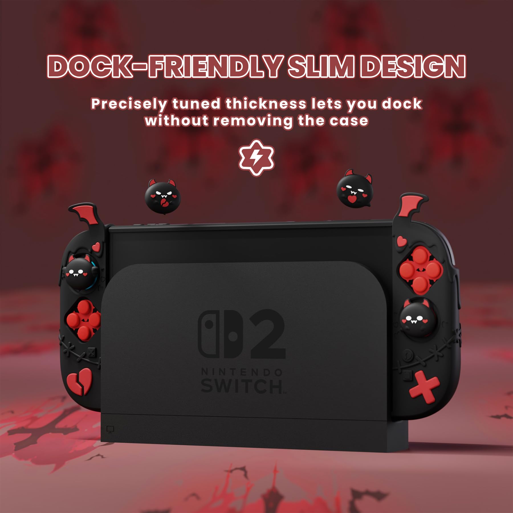 PlayVital Protective Case for Nintendo Switch 2, Kawaii Gothic Imp Series Silicone Grips + Dockable Hard Case Shell for Switch 2 with Thumb Grips & Sticker, Shockproof Protection Cover - Black - 3