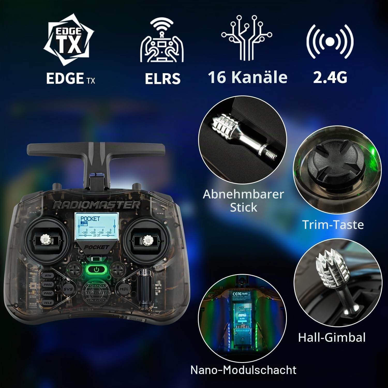 Radiomaster Pocket ELRS Fernsteuergerät Tragbares Hall-Gimbal-Transmitter mit EdgeTX-Firmware und LED-Licht für FPV-Drohnen/RC-Hubschrauber & Autos & Boote & Multicopter, Modus 2