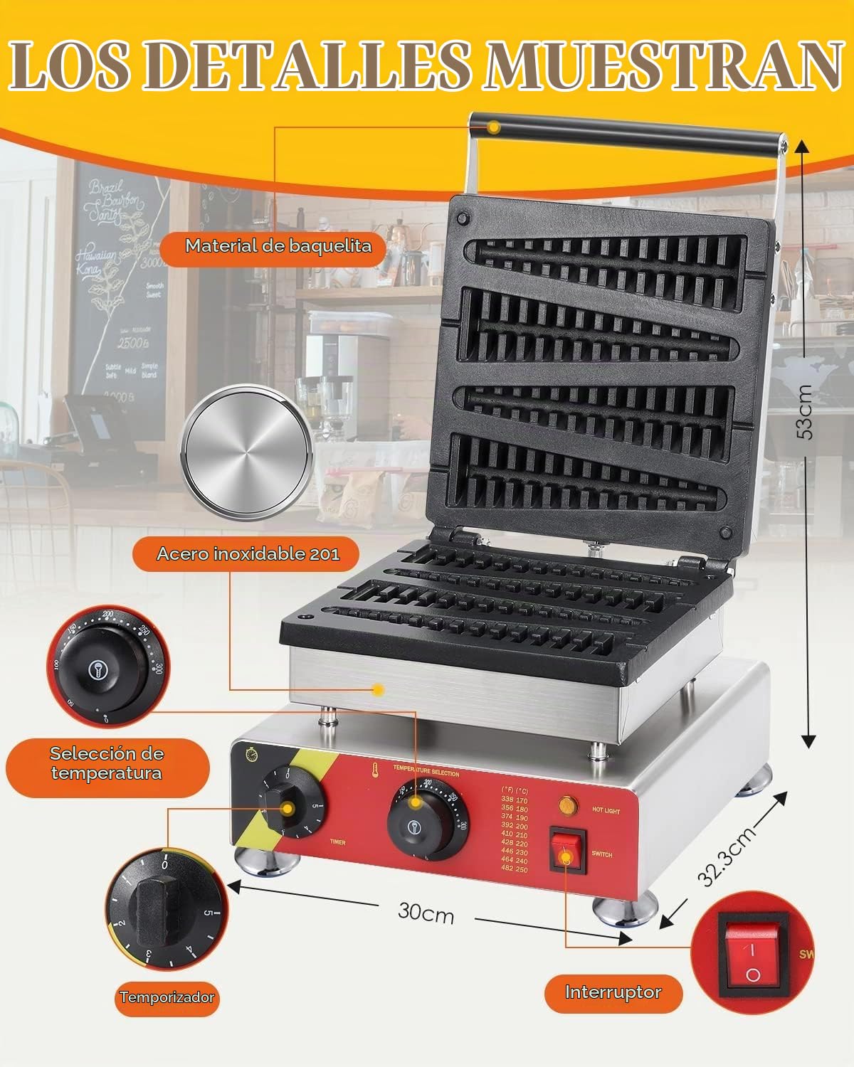 CGOLDENWALL Gofrera Commercial, Antiadherente Máquina de Gofre en Forma de Árbol de Pino 4 Piezas con Control de Temperatura y Tiempo para Panadería