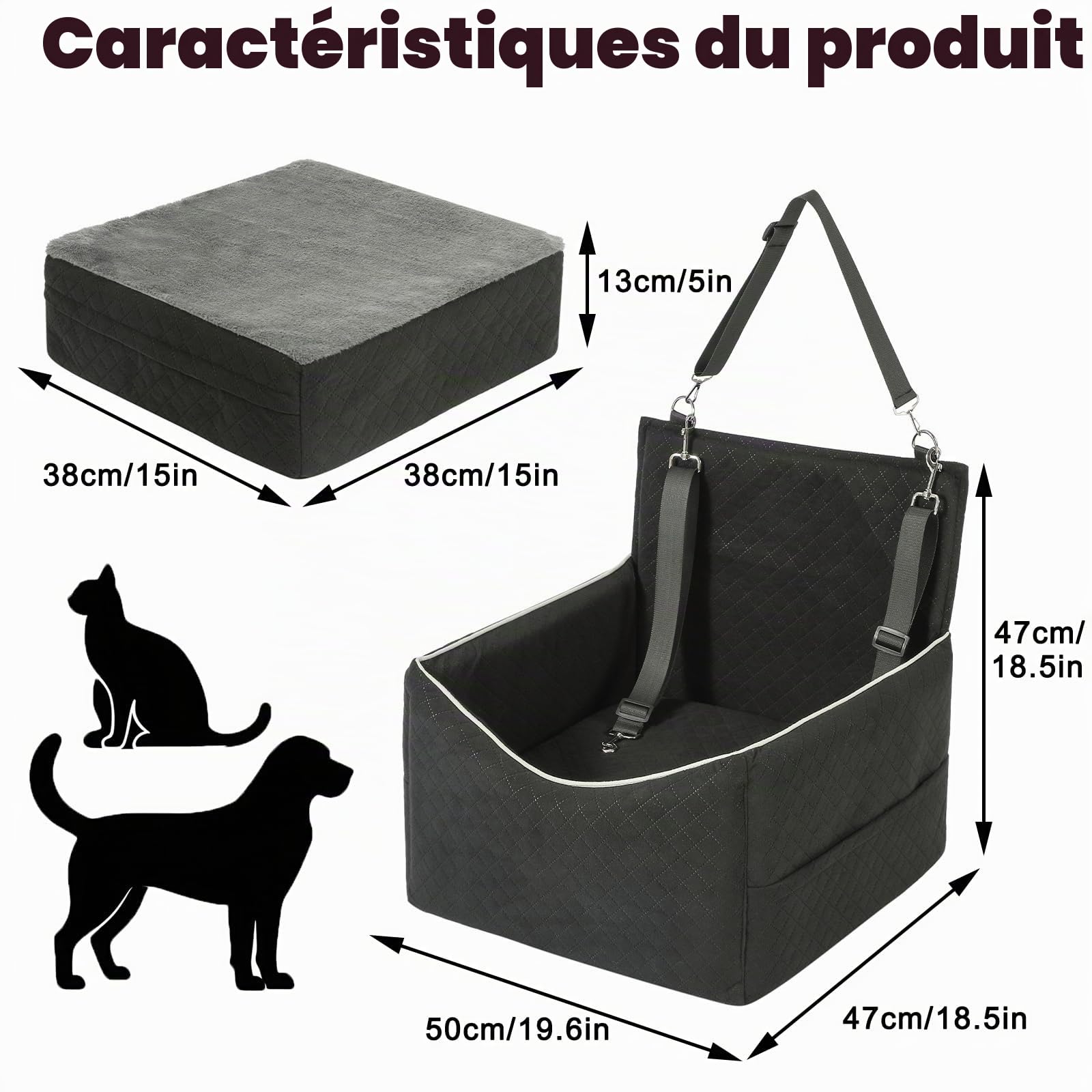 Siège Auto pour Chien Jusqu’à 15,8 kg, Coussin réversible été/Hiver, Gris | Panier de voiture déhoussable et lavable, fixation avec 2 ceintures, adapté aux petits et moyens chiens pour les trajets