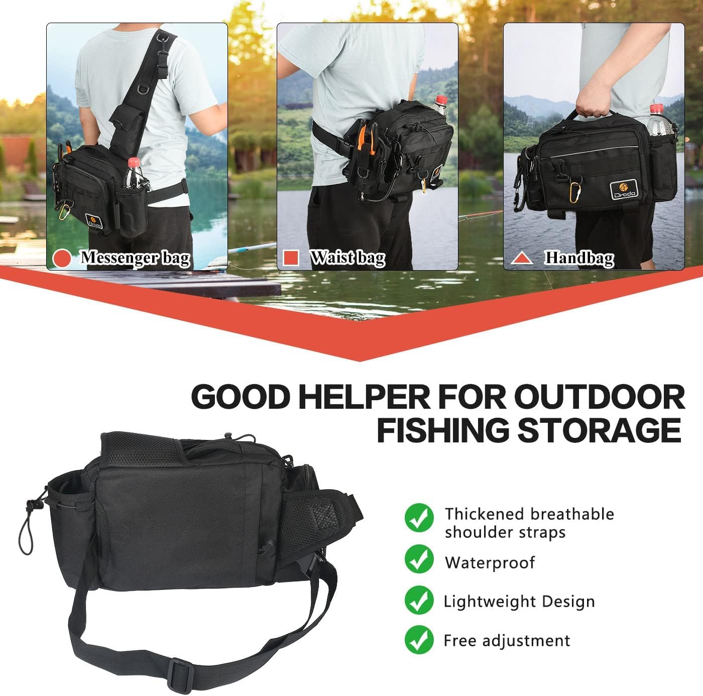 drado Angeltasche Sling Angeltasche, Wasserdicht und verschleißfest Angelrucksack für Angelzubehör(schwarz)