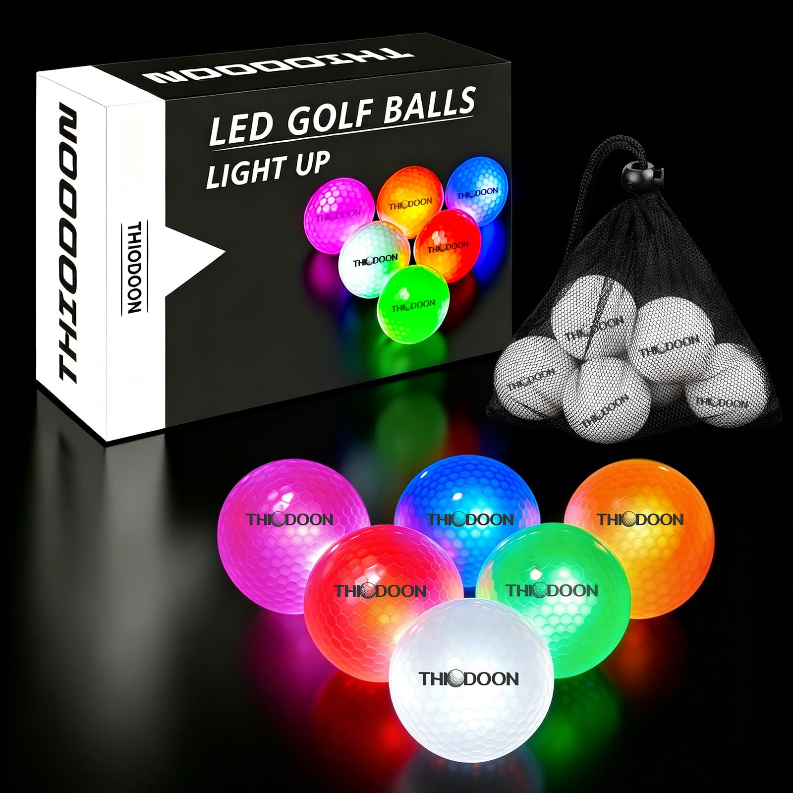 THIODOON Golfbälle mit 7 Farben, die im Dunkeln leuchten, wechselt ständig und der Timer setzt jeden auffälligen LED-Golfball zurück, 48 Stunden Akkulaufzeit, leuchtender Golfball für Nachtgolfen