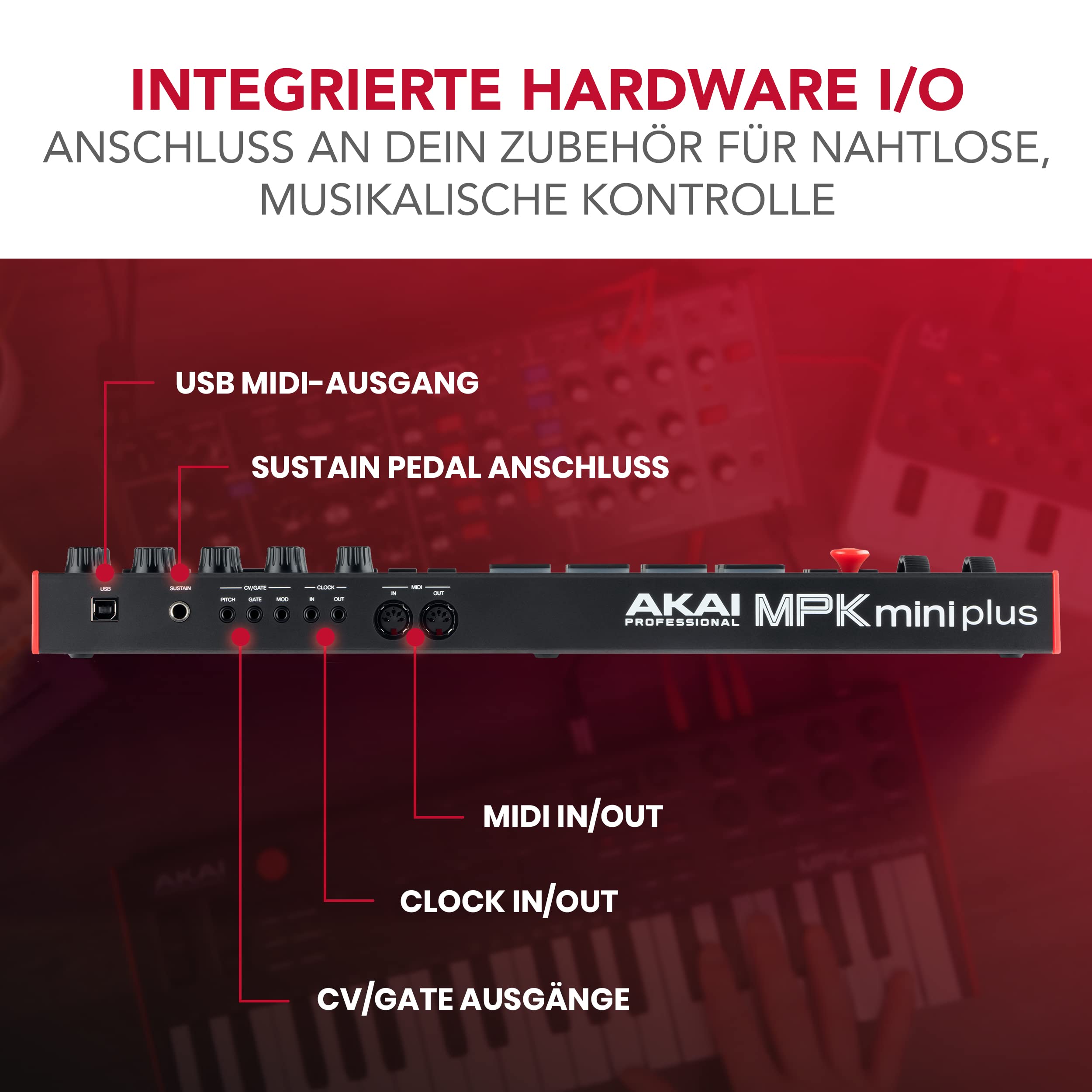 Akai Professional MPK Mini Plus - 37-Tasten USB MIDI Keyboard Controller mit 8 MPC Pads, Sequencer, MIDI/CV/Gate I/O, Musikproduktionssoftware und Native Instruments Sound Package