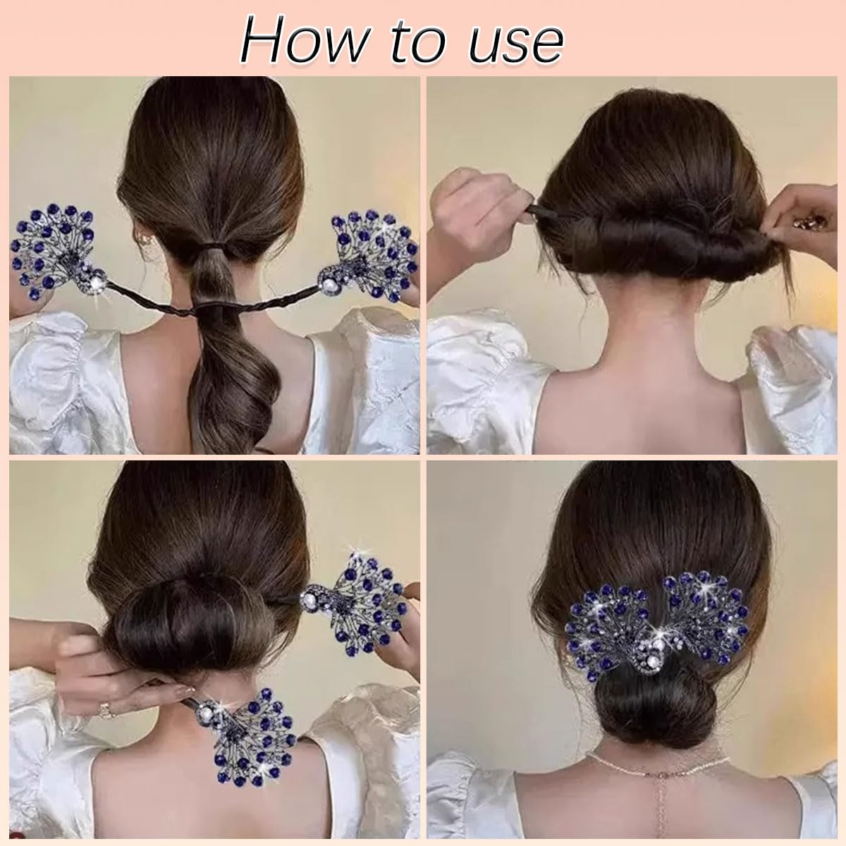 6 Pcs Rhinestone Hair Bun Holder Lazy Hair Curler Bun Clips Twist Bun Maker Peacock Hair Bun Accessories for Women Girls