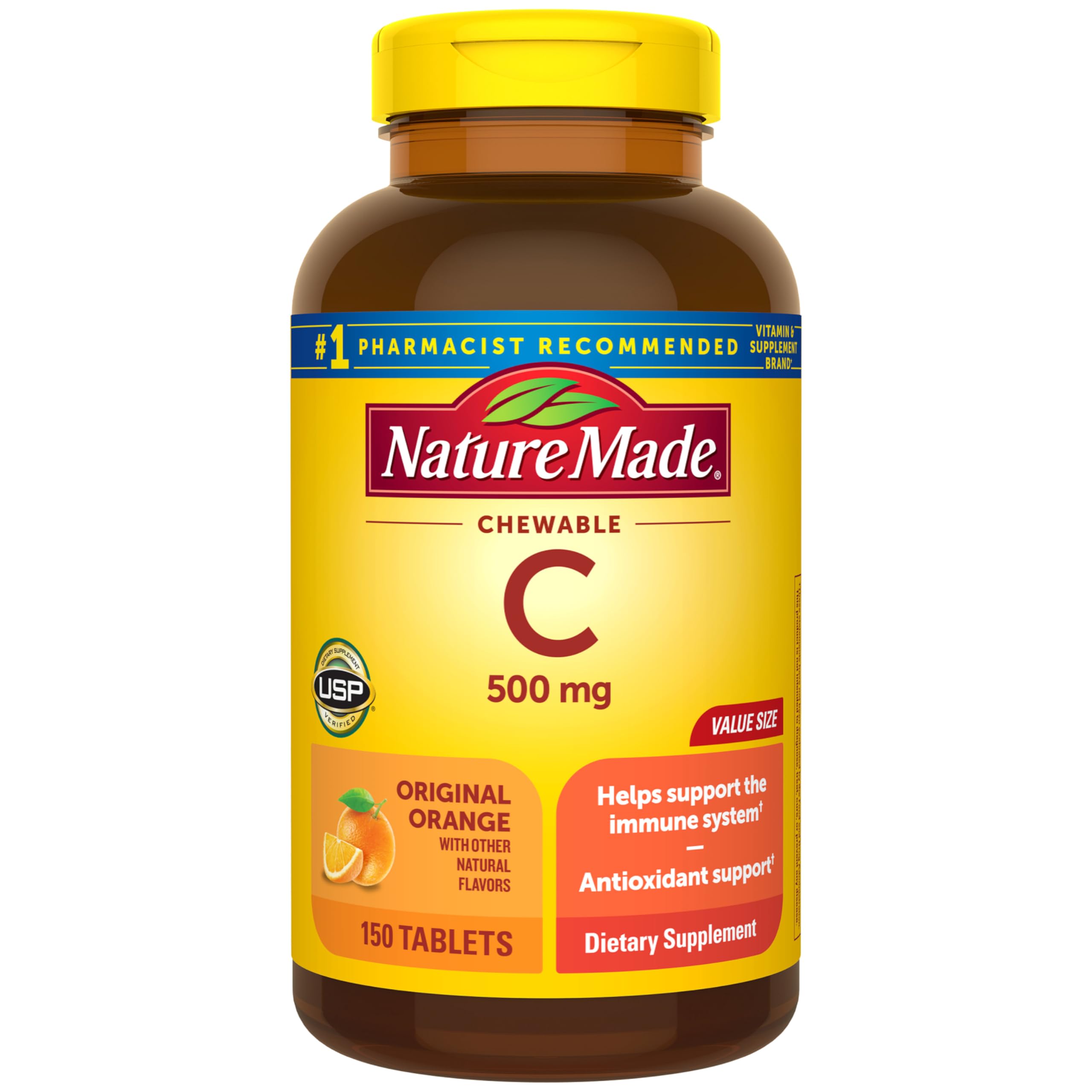 Nature Made Chewable Vitamin C 500 mg, Dietary Vitamin C Supplement for Immune Support, 150 Tablets, 150 Day Supply