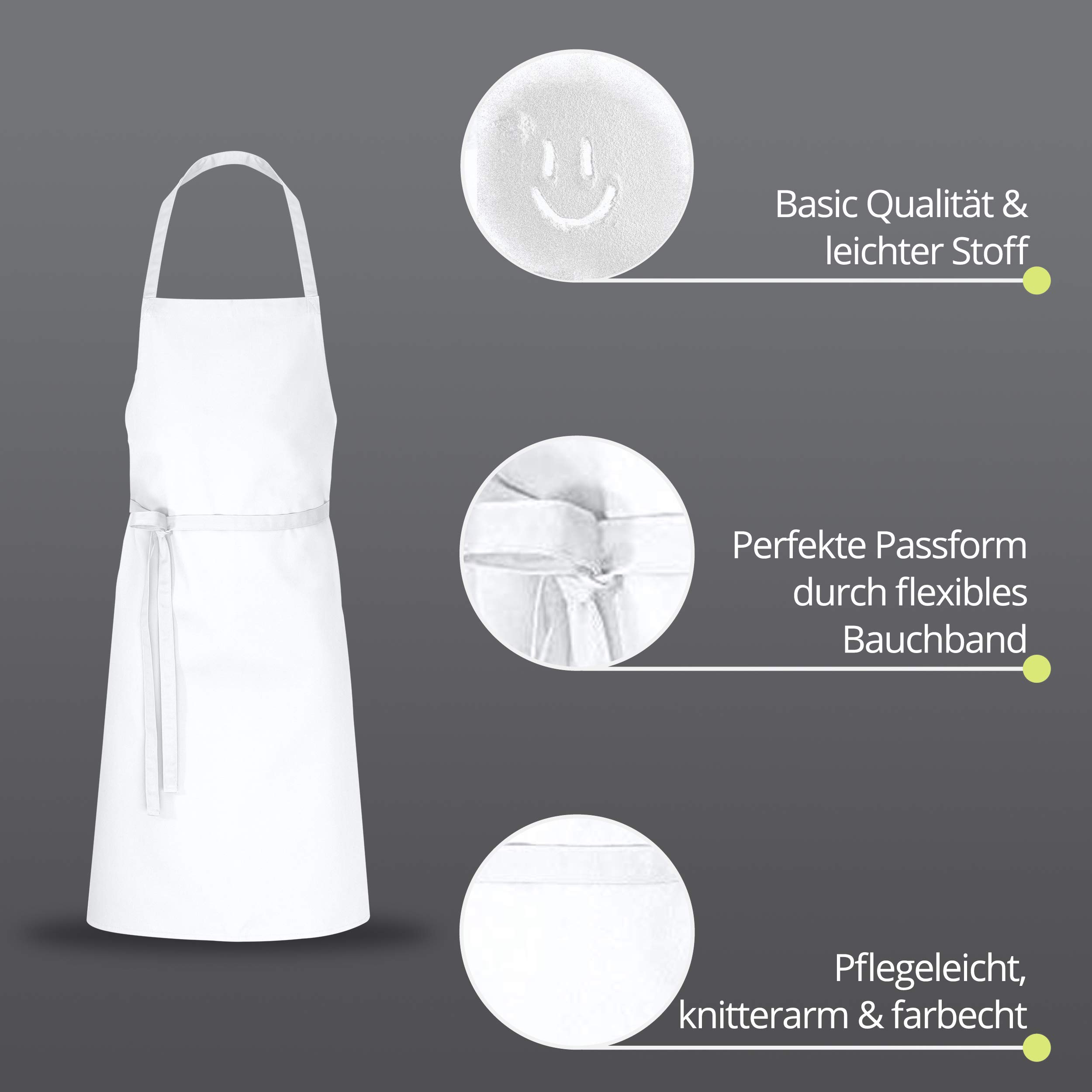 DESERMO Delantal básico de 80 cm x 100 cm (largo x ancho), excelente delantal para mujer y hombre, mezcla innovadora de algodón y poliéster, peso: 190 gm², 35% algodón, 65% poliéster., Blanco,