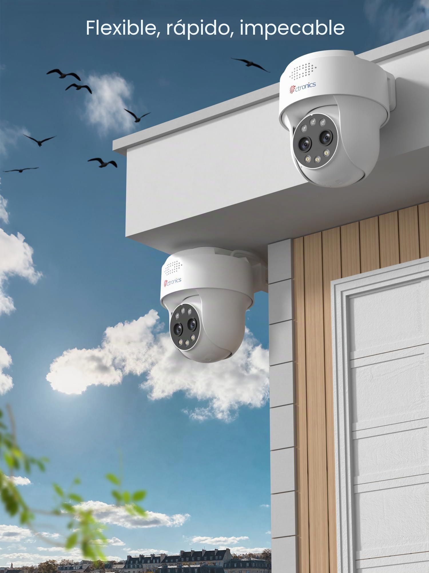 Ctronics Cámara de Seguridad 4MP Doble Lente, Zoom Híbrido 10× | Detección AI Personas/Vehículos, Visión Nocturna a Color e Infrarrojos 30m, WiFi Doble Banda, PC/App – 790C-4MPD (Blanco)