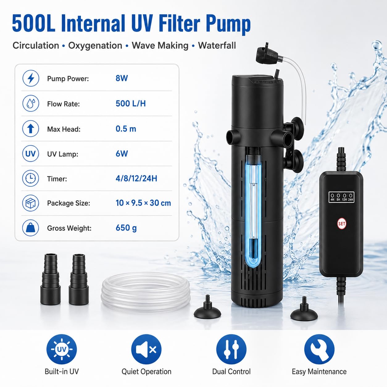 Nikou Filtro interior para acuario de 500 L/H con esterilizador UV de 6 W y