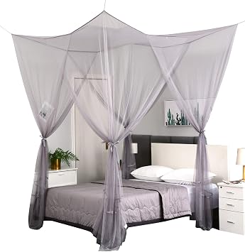 Mengersi 4 Corner Post Elegant Canopy Bed Curtains for Full Queen King Bed,Mosquito Net Suitable for Indoor Outdoor NetGray, L87xW79xH98 inch