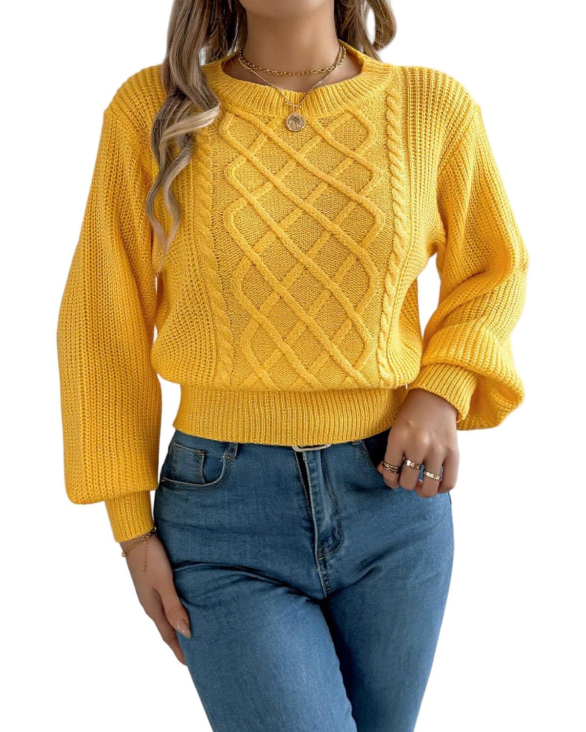 Womens Long Sleeve Crop Sweaters Cable Knit Waist Cinched Pullover Sweater Tops Casual Loose Trendy Jumper Outfits