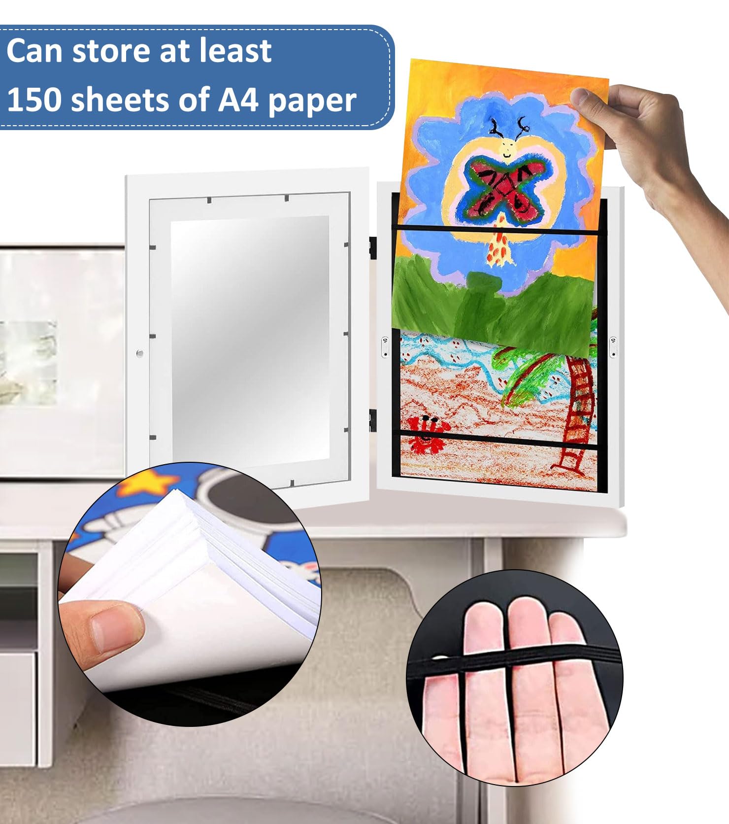 Lot de 2 cadres photo d'art pour enfants - Format A4 - Charnières en bois - Remplissables - Ouverture avant - Idéal pour dessins et projets artistiques, école