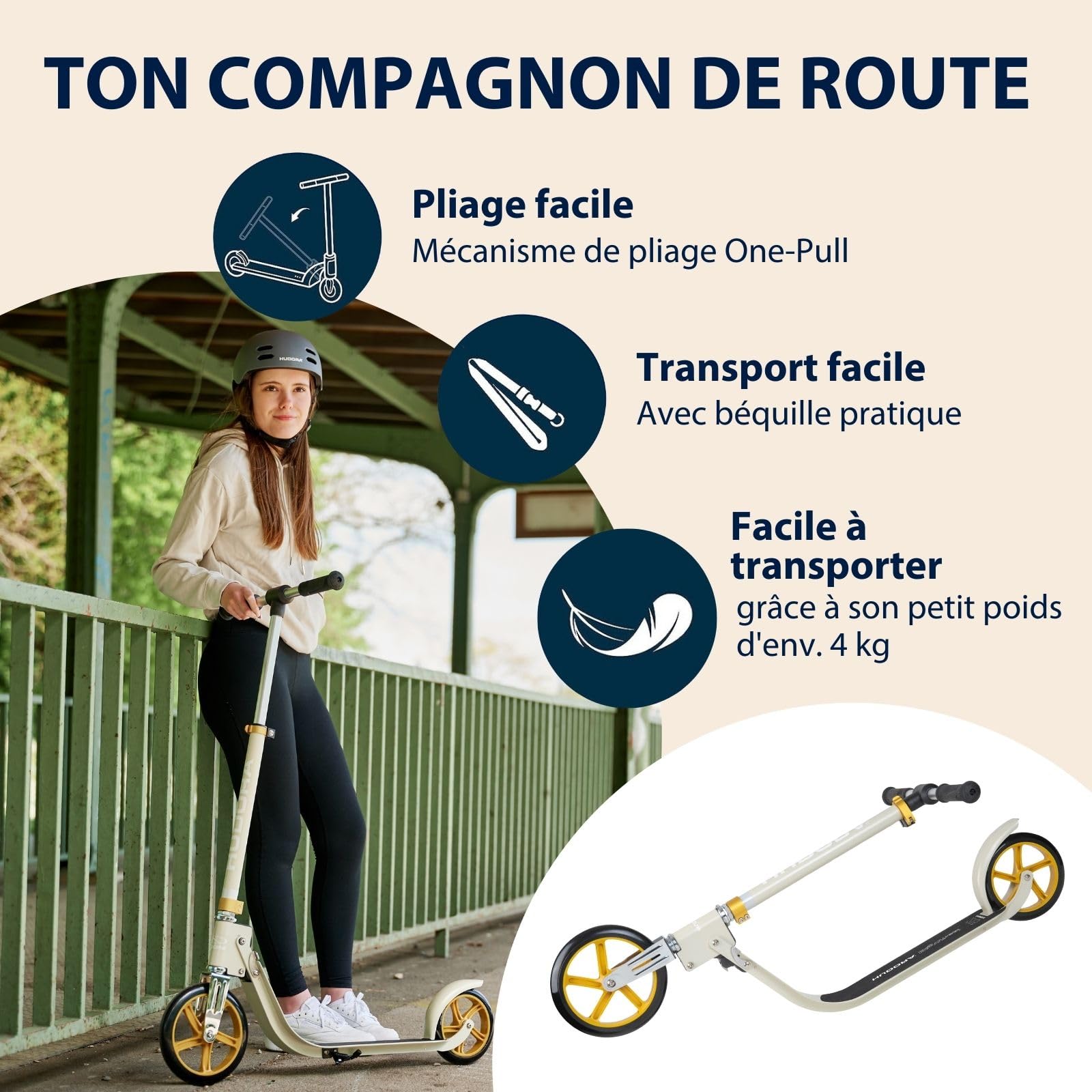 HUDORA BigWheel® 215 Trottinette en aluminium Confortable jusqu'à 100 kg Hauteur réglable et Pliable pour Enfants/Adolescents et Adultes