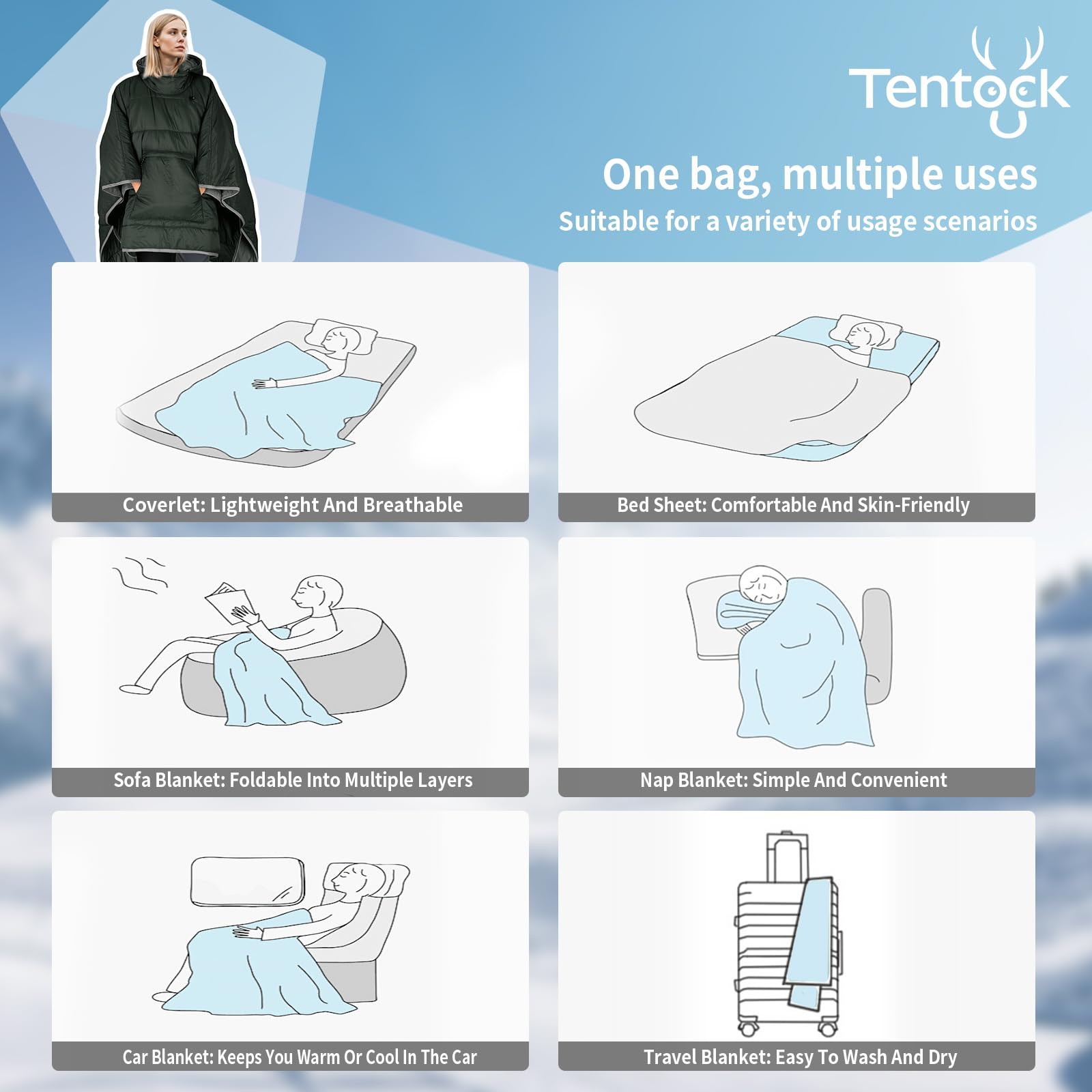 Tentock Zimowe ponczo z wiatroszczelną peleryną do noszenia, ponadwymiarowy bawełniany koc z kapturem z kapturem wodoodporny ultralekki śpiwór na kemping, trekking, podróż, dom, biuro