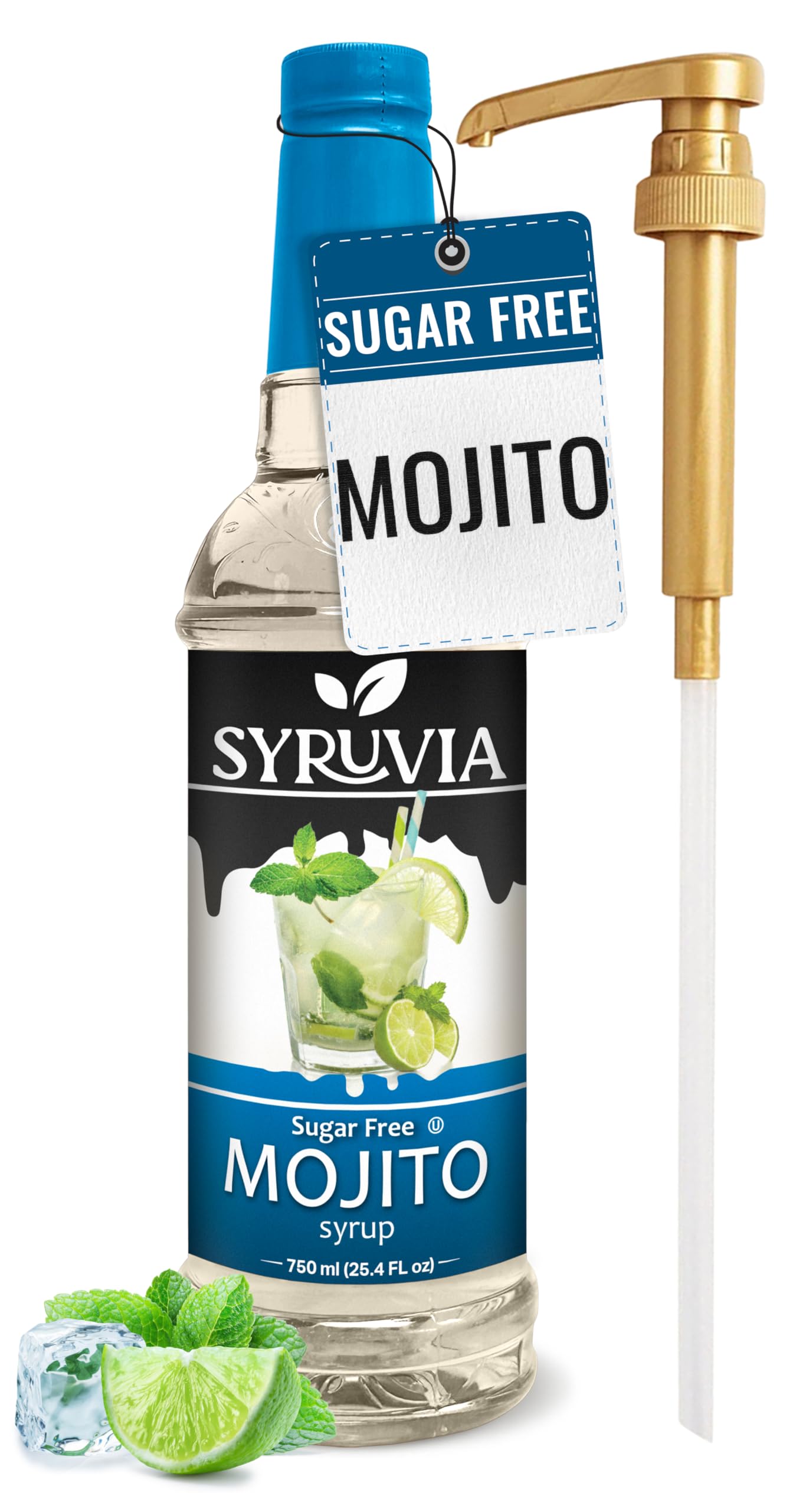 Syruvia Sugar-Free Mojito Syrup - 0 Calorie - Premium Flavoring Syrup for Tea, Italian Sodas, Beverages, Desserts, Ice Cream, Cocktails & Mocktails - Kosher, Gluten Free - 25.4 fl oz With Pump