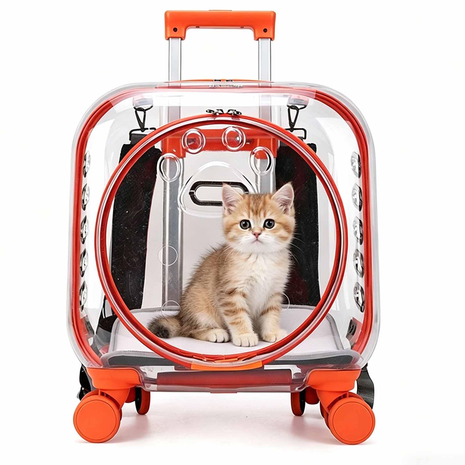Liuliq Orange Pet Carrier Trolley Box, Pet Rolling Carrier With 0-55Cm Telescopic Handle, Shoulder Strap & Top Handle-3 Ways To Use, For Puppies & Cats Under 13Lbs, Ideal For Travel/Walking/Hiking