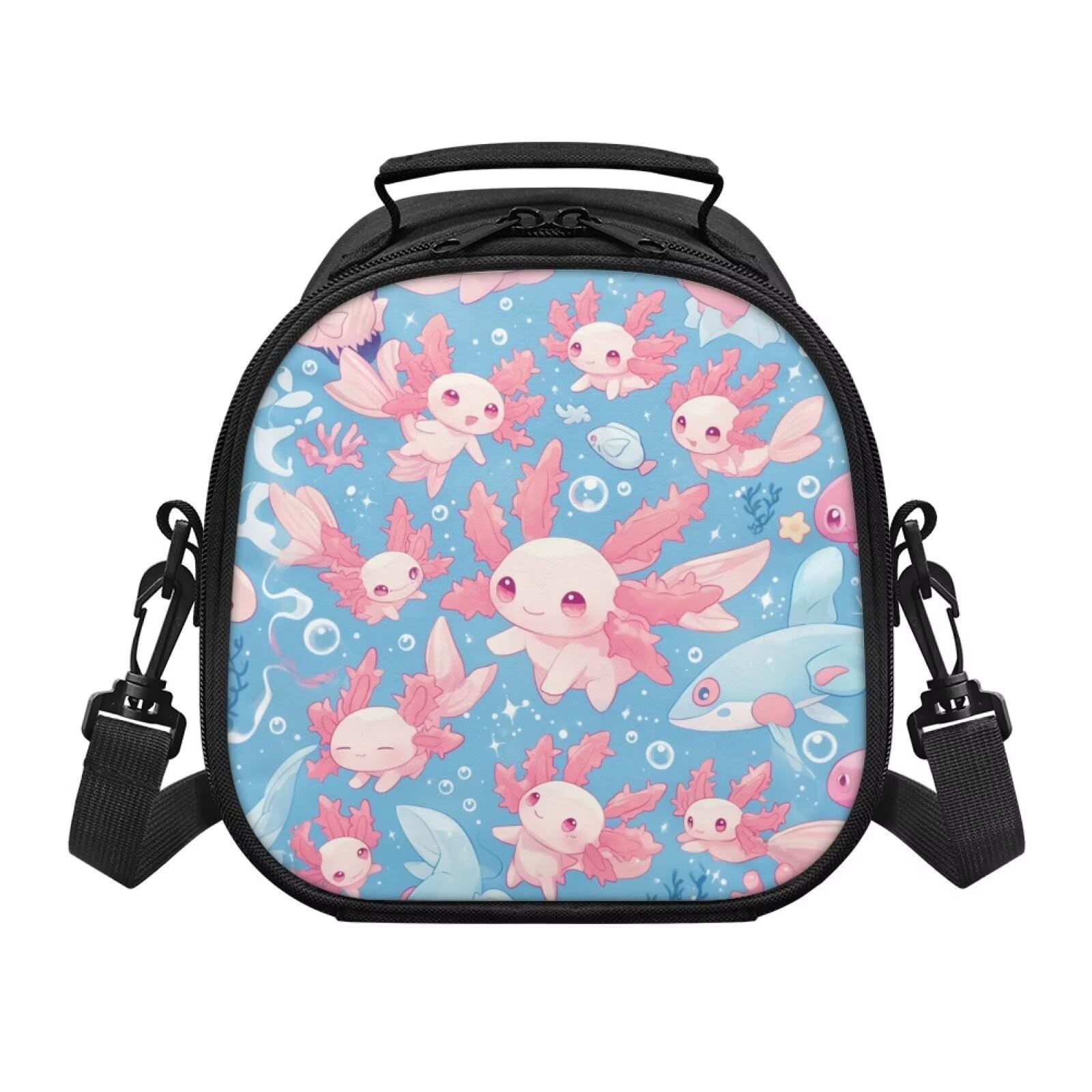 ZDCUSTOM Small Crossbody Lunch Bag for Girls Age 4-6 Cartoon Axolotl Cute Print Kids Insulated Lunch Tote Bag Food Snack Container Lunchbox