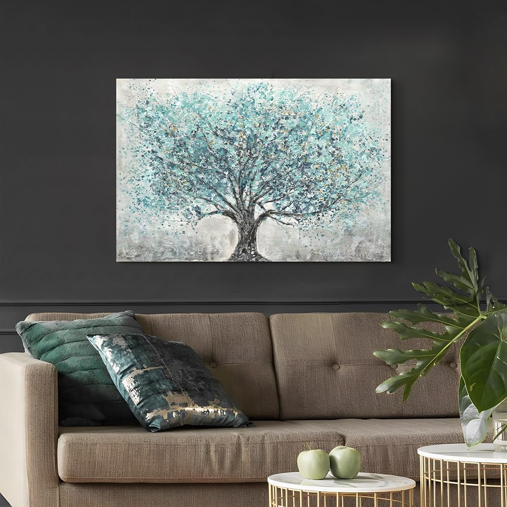 Abstract Tree Framed Wall Art: Teal Blue Blossom Tree Canvas Picture Hand Painted Nature Landscape Painting Modern Textured Artwork for Bedroom Living Room Home Office Abstract Tree Framed Wall Art: Teal Blue Blossom Tree Canvas Picture Hand Painted Nature Landscape Painting Modern Textured Artwork for Bedroom Living Room Home Office