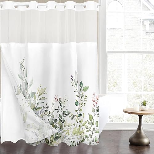 Miniatura 95 de Tititex - Juego de cortinas de ducha de hojas de eucalipto verde con cierres de presión, sin ganchos, forro interior verde, hojas de acuarela en la